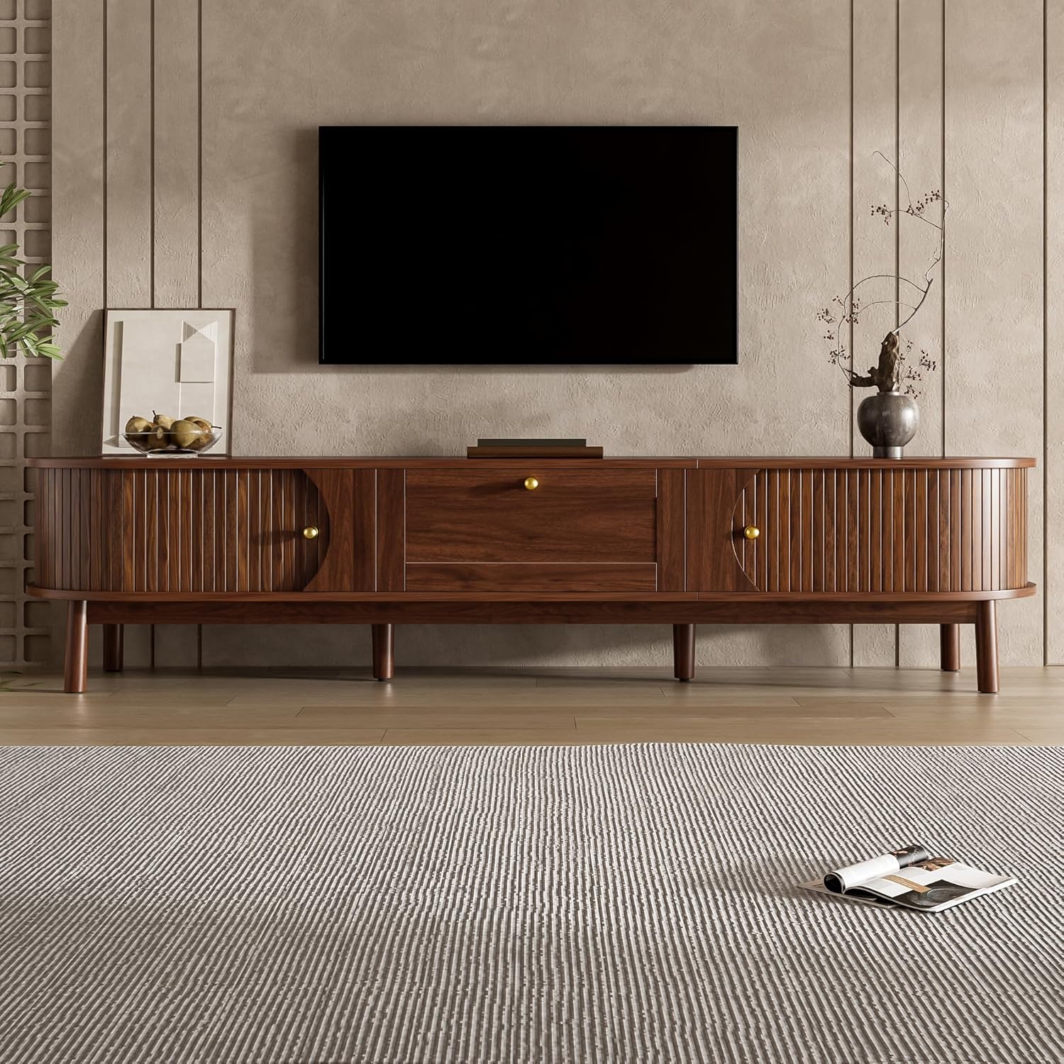 Merax Moderner TV-Ständer 170x39,5x38 cm, mit Schubladen und Schiebetüren, abgerundete Ecken, TV-Lowboard mit Stauraum für Wohnzimmer und Schlafzimmer, dunkle Holzfarbe