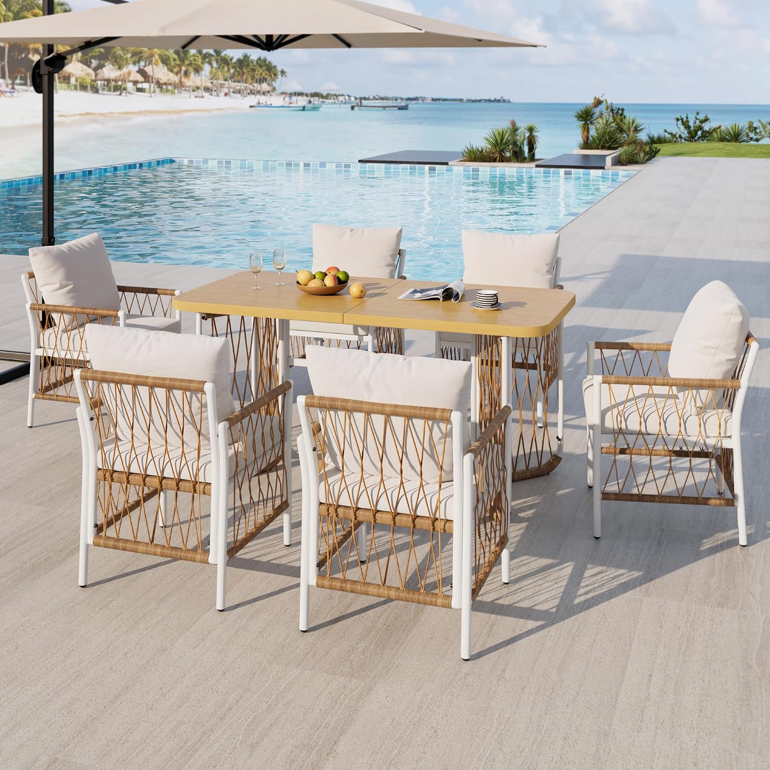 Merax Modernes Gartenmöbel-Set mit Tisch und 6 Stühlen, Eisengestell, Rattan-Armlehnen, Sitz- und Rückenkissen, Freizeit- und Essgruppe für Terrasse, Garten und Außenbereich, Beige