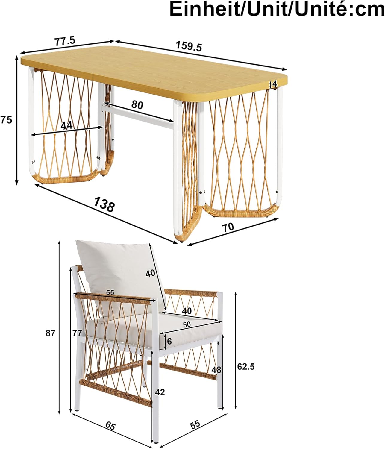 Merax Modernes Gartenmöbel-Set mit Tisch und 6 Stühlen, Eisengestell, Rattan-Armlehnen, Sitz- und Rückenkissen, Freizeit- und Essgruppe für Terrasse, Garten und Außenbereich, Beige — Ansicht 2