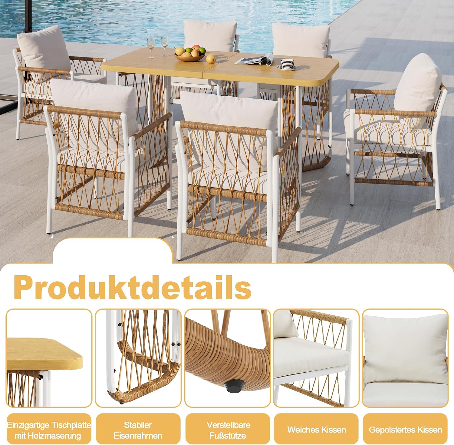 Merax Modernes Gartenmöbel-Set mit Tisch und 6 Stühlen, Eisengestell, Rattan-Armlehnen, Sitz- und Rückenkissen, Freizeit- und Essgruppe für Terrasse, Garten und Außenbereich, Beige — Ansicht 3