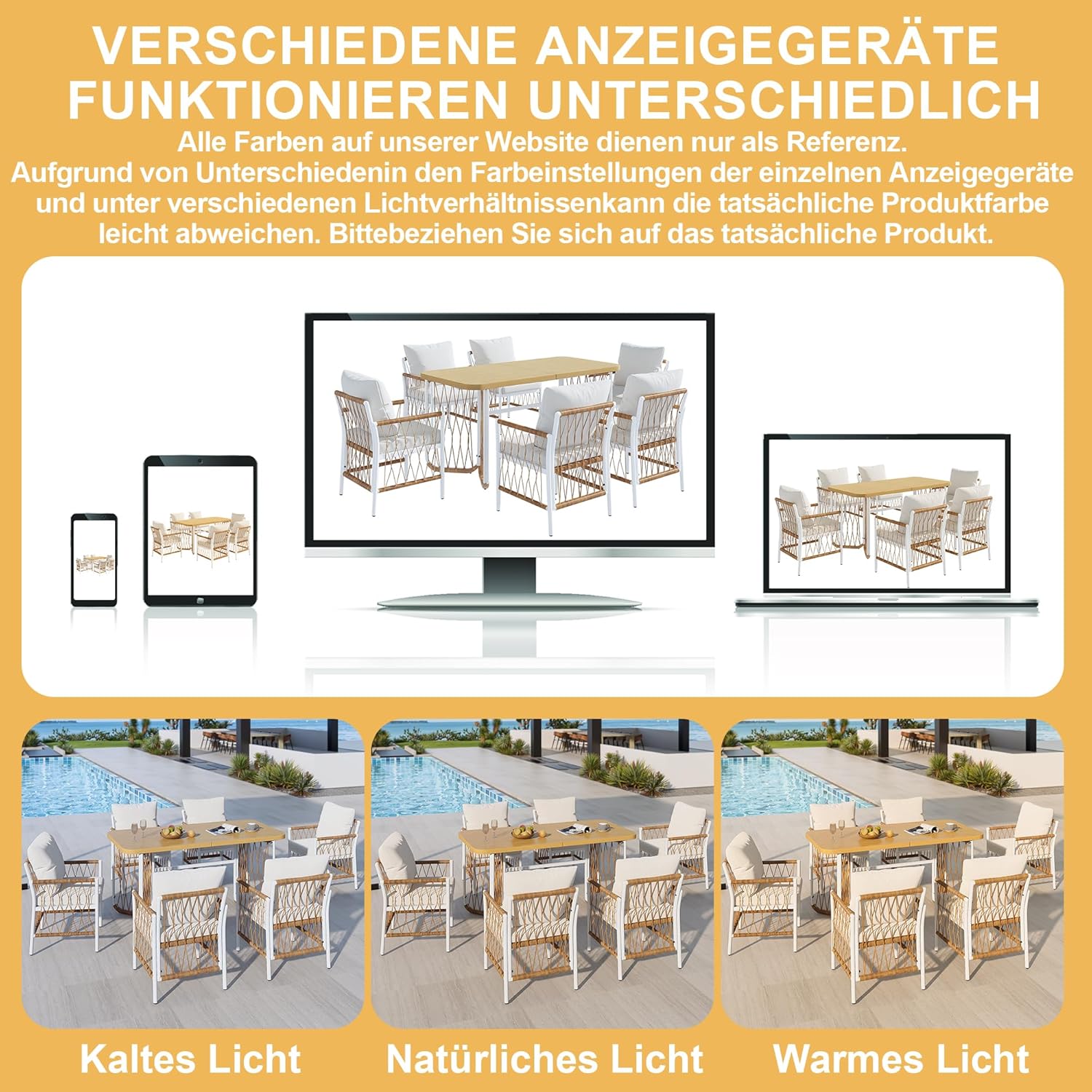 Merax Modernes Gartenmöbel-Set mit Tisch und 6 Stühlen, Eisengestell, Rattan-Armlehnen, Sitz- und Rückenkissen, Freizeit- und Essgruppe für Terrasse, Garten und Außenbereich, Beige — Ansicht 5
