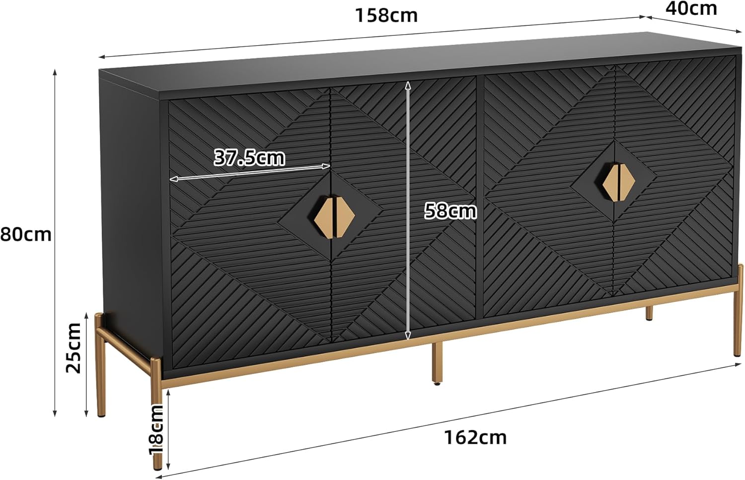 Merax Modernes Sideboard 162x40x80 cm, mit Vier Türen, Metallbeine, geometrisches Muster, großer Stauraum, Wohnzimmer Esszimmer Eingang, Elegante Kommode, Schwarz — Ansicht 2