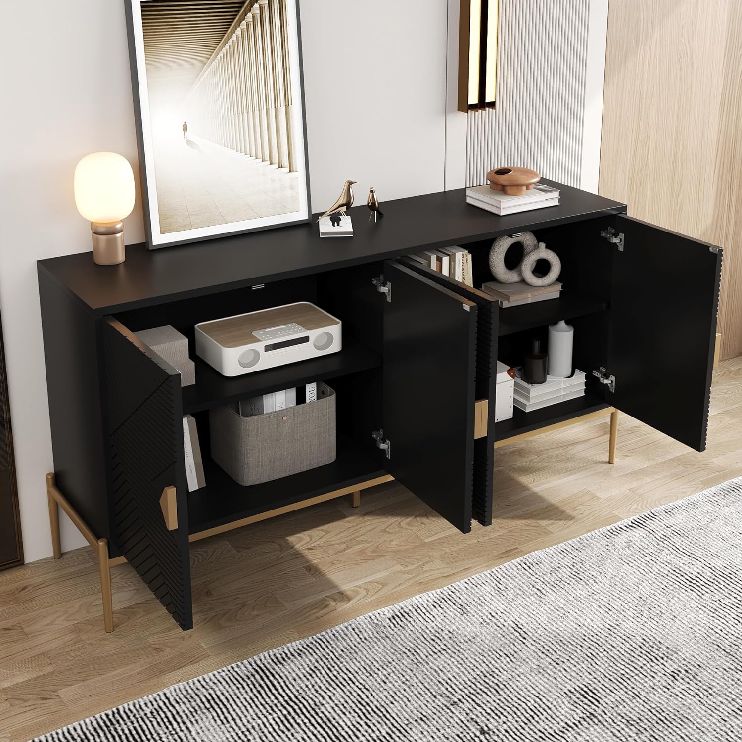 Merax Modernes Sideboard 162x40x80 cm, mit Vier Türen, Metallbeine, geometrisches Muster, großer Stauraum, Wohnzimmer Esszimmer Eingang, Elegante Kommode, Schwarz — Ansicht 3