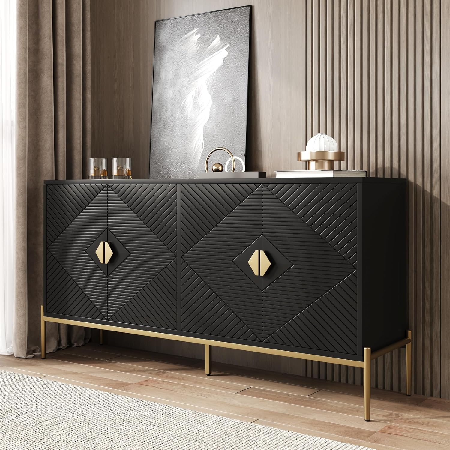 Merax Modernes Sideboard 162x40x80 cm, mit Vier Türen, Metallbeine, geometrisches Muster, großer Stauraum, Wohnzimmer Esszimmer Eingang, Elegante Kommode, Schwarz — Ansicht 4