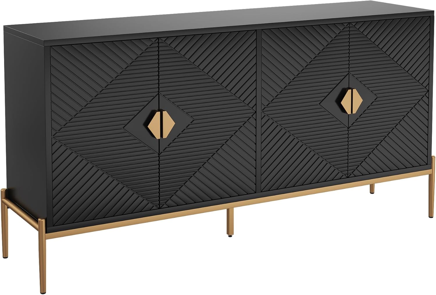 Merax Modernes Sideboard 162x40x80 cm, mit Vier Türen, Metallbeine, geometrisches Muster, großer Stauraum, Wohnzimmer Esszimmer Eingang, Elegante Kommode, Schwarz — Ansicht 6