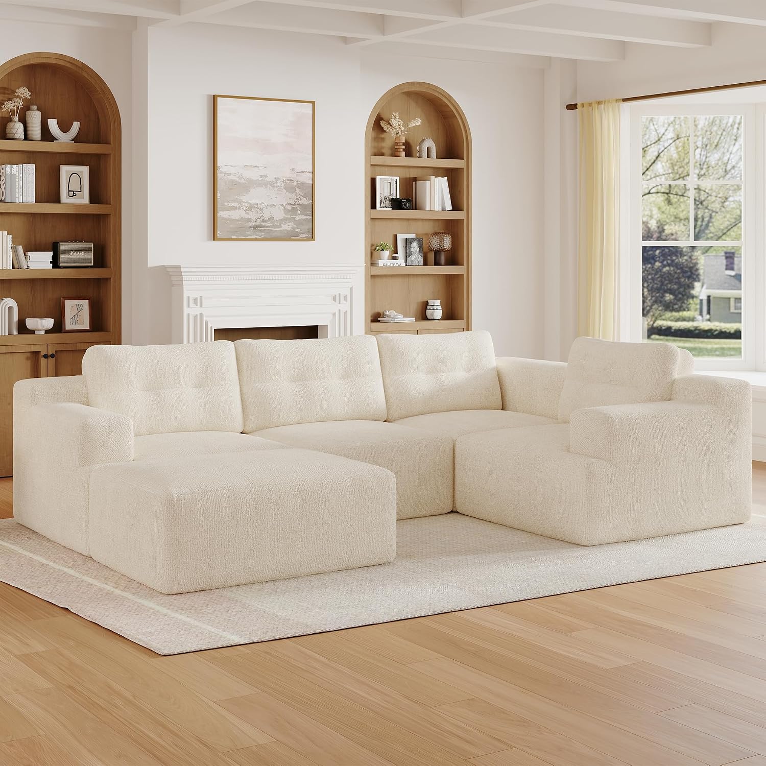 Merax Modulares Sofa & Ecksofa, Wohnlandschaft flexibel als L-Form/U-Form stellbar, rahmenlose Vollschaum-Konstruktion ohne Montage, frei kombinierbare Module, Chenille-Bezug,Beige — Ansicht 3