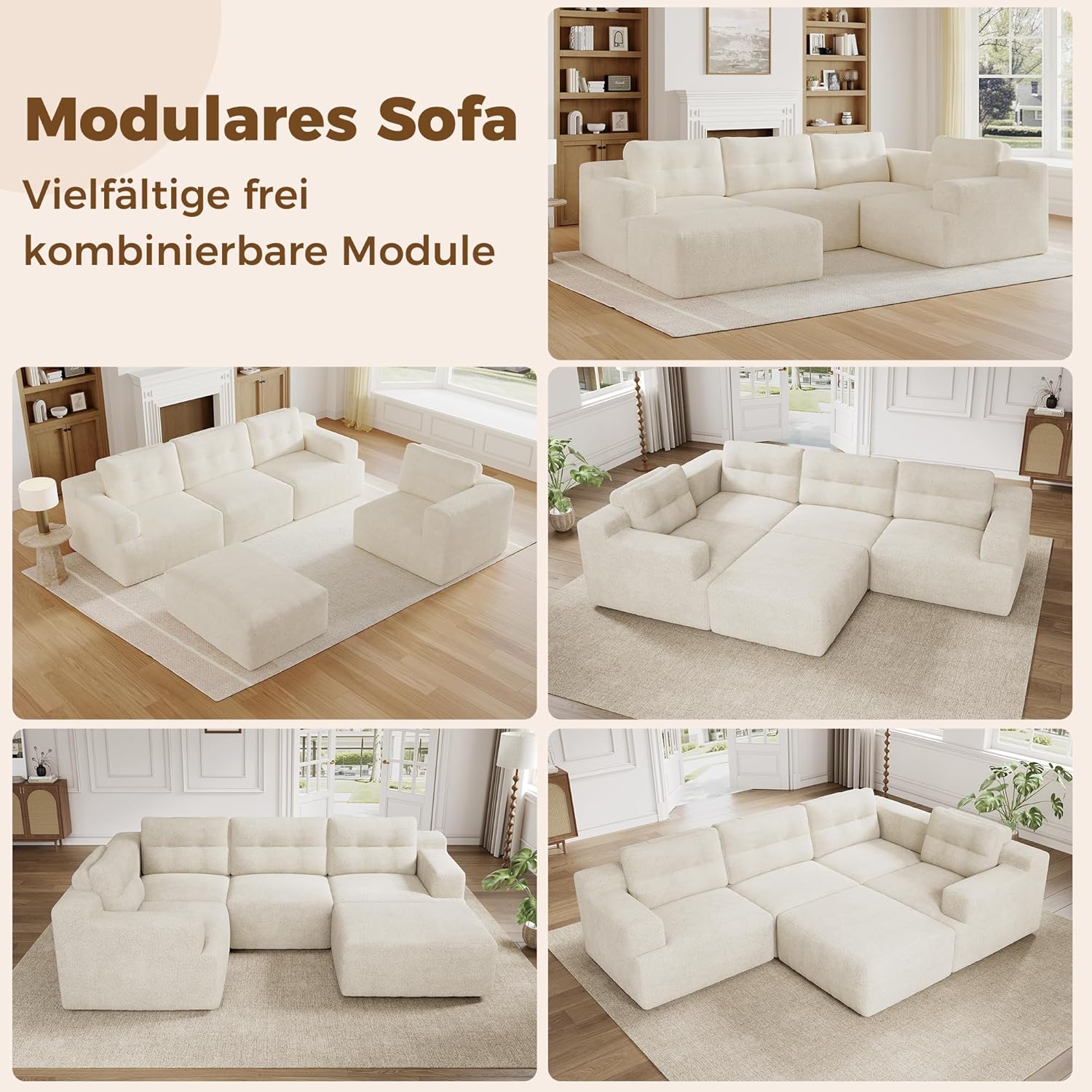 Merax Modulares Sofa & Ecksofa, Wohnlandschaft flexibel als L-Form/U-Form stellbar, rahmenlose Vollschaum-Konstruktion ohne Montage, frei kombinierbare Module, Chenille-Bezug,Beige — Ansicht 6