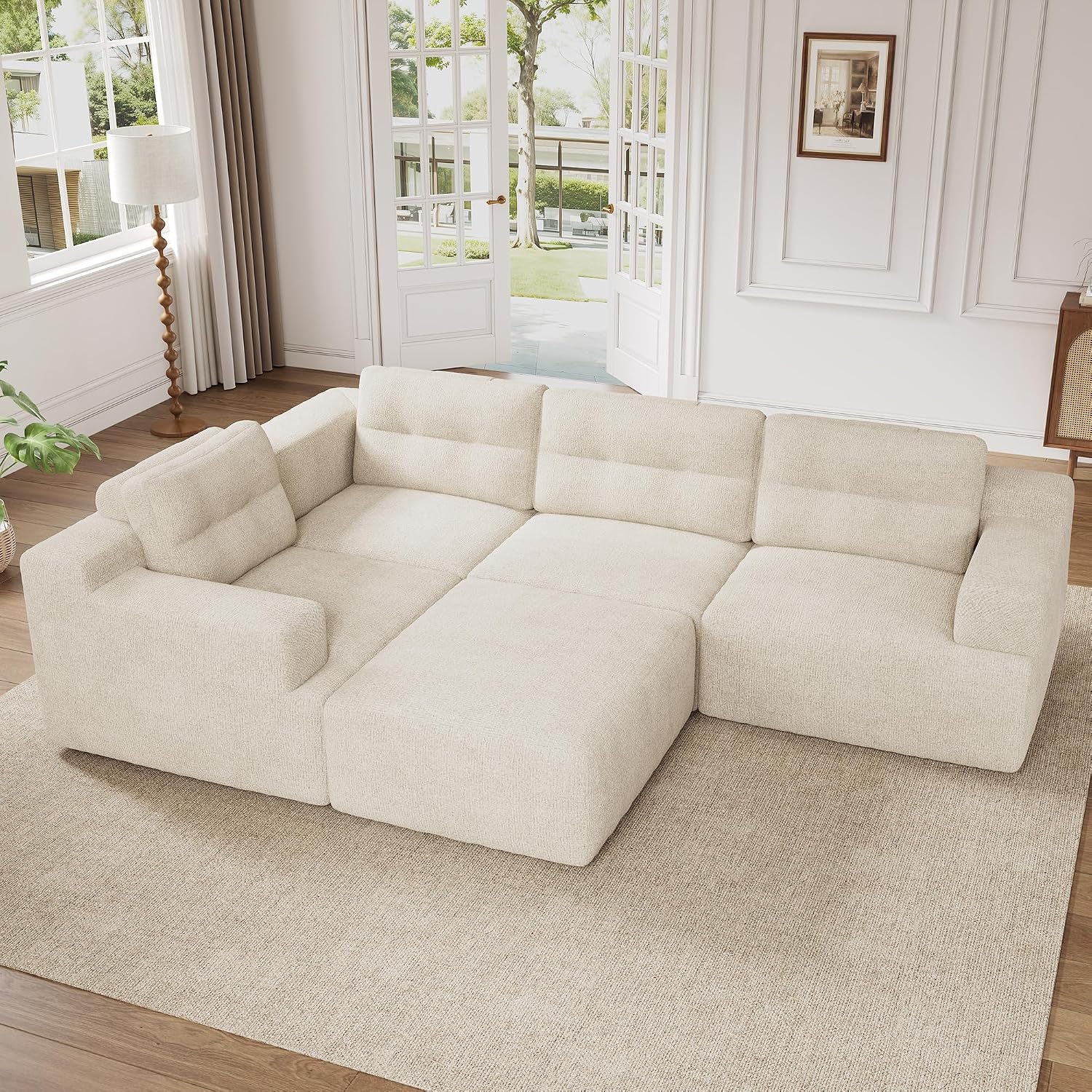 Merax Modulares Sofa & Ecksofa, Wohnlandschaft flexibel als L-Form/U-Form stellbar, rahmenlose Vollschaum-Konstruktion ohne Montage, frei kombinierbare Module, Chenille-Bezug,Beige