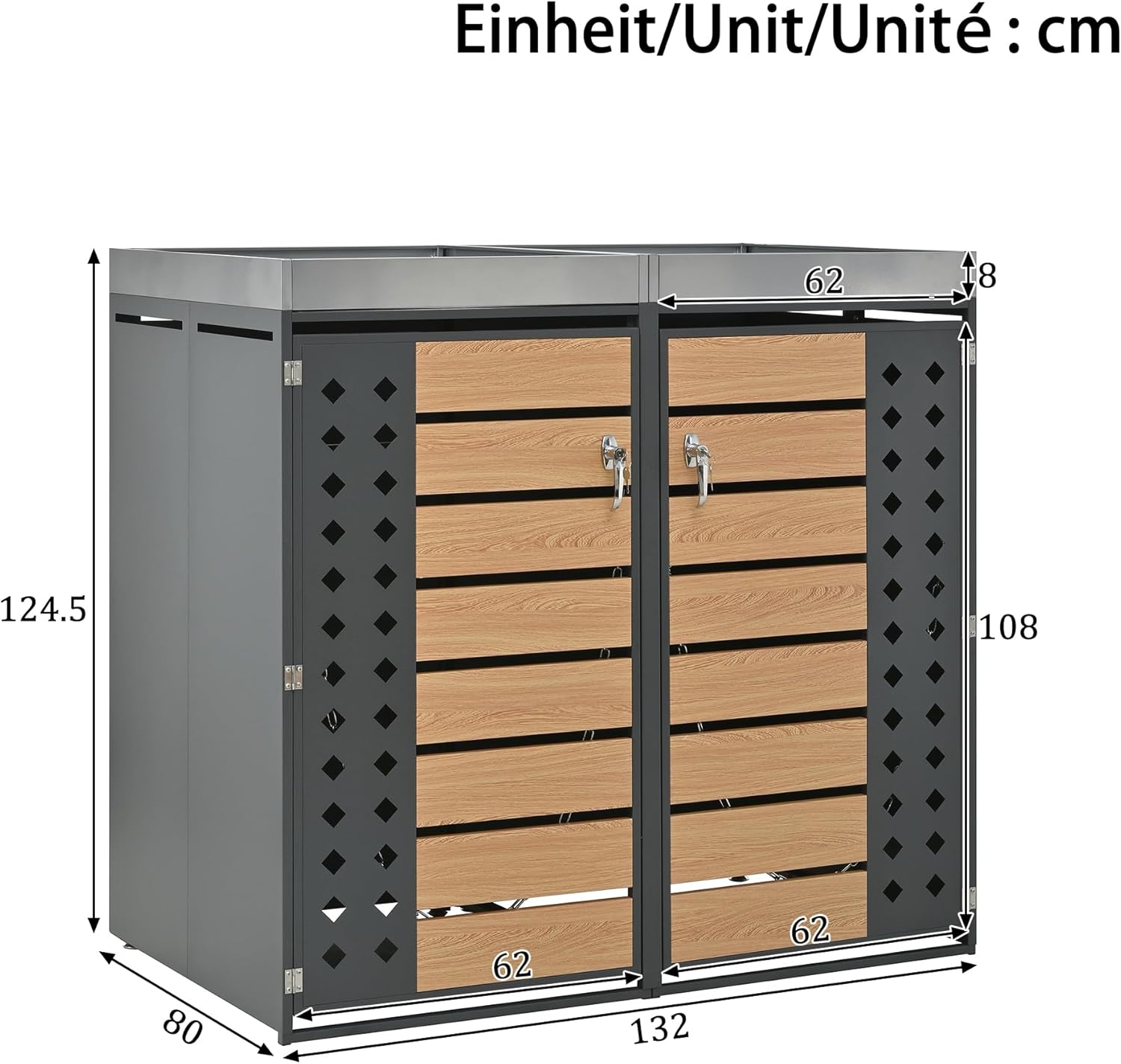 Merax Mülltonnenbox 4 Türen, mit integriertem Pflanzgefäß, abschließbare Mülltonnenverkleidung für 4 Tonnen,verzinkter Stahl, wetterfest & rostfrei, Grau — Ansicht 2
