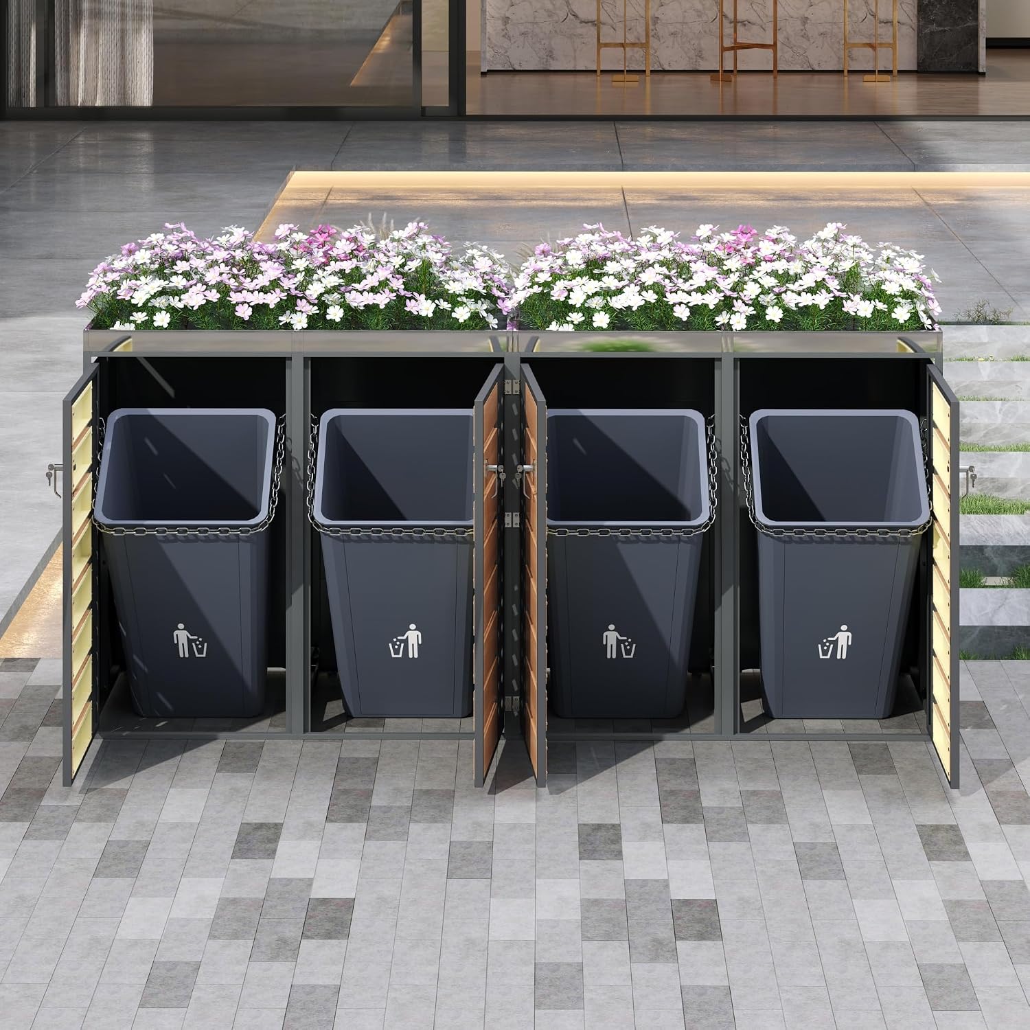 Merax Mülltonnenbox 4 Türen, mit integriertem Pflanzgefäß, abschließbare Mülltonnenverkleidung für 4 Tonnen,verzinkter Stahl, wetterfest & rostfrei, Grau — Ansicht 3