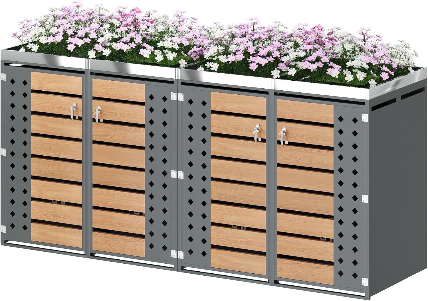 Merax Mülltonnenbox 4 Türen, mit integriertem Pflanzgefäß, abschließbare Mülltonnenverkleidung für 4 Tonnen,verzinkter Stahl, wetterfest & rostfrei, Grau — Ansicht 6