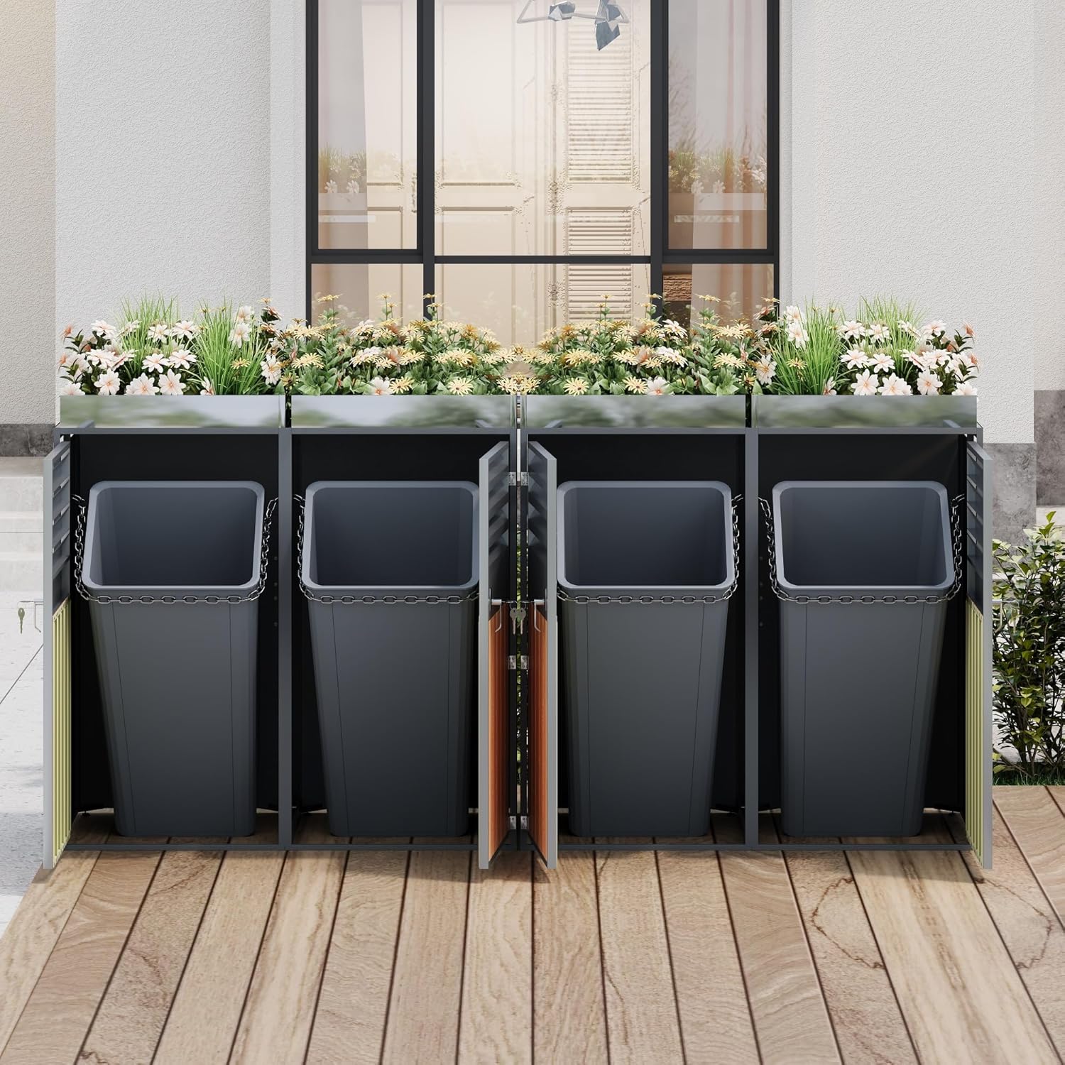 Merax Mülltonnenbox 4er mit Pflanzdach, Abschließbarer Mülltonnenschrank aus verzinktem Stahl, Mülltonnenverkleidung mit Lüftungsöffnung & Lamellen,Viertüriges Türen, für Garten & Terrasse — Ansicht 2