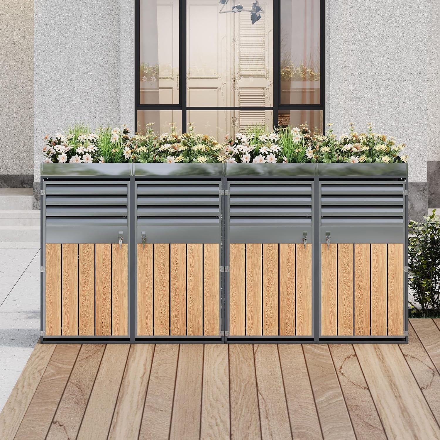 Merax Mülltonnenbox 4er mit Pflanzdach, Abschließbarer Mülltonnenschrank aus verzinktem Stahl, Mülltonnenverkleidung mit Lüftungsöffnung & Lamellen,Viertüriges Türen, für Garten & Terrasse