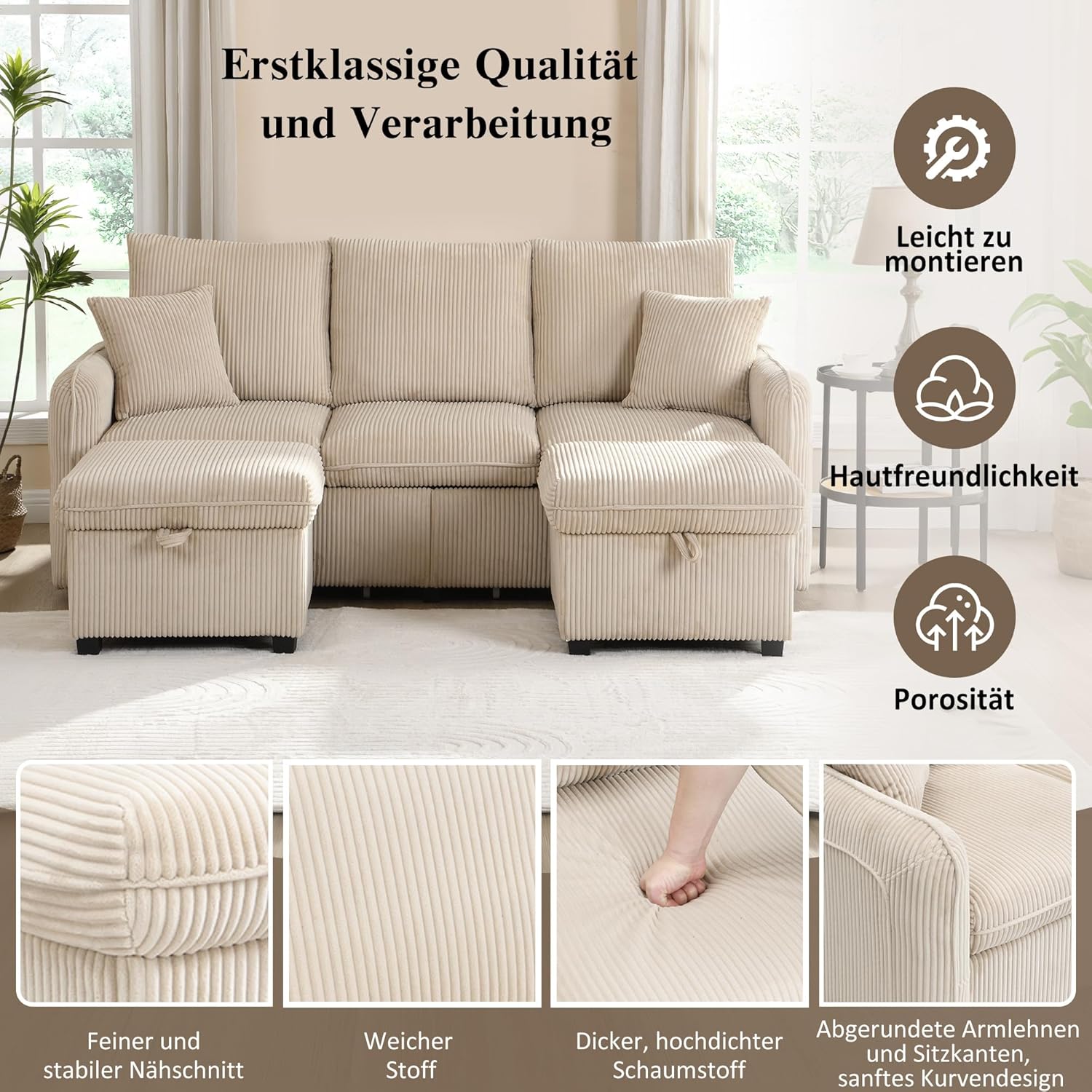 Merax Multifunktionales Ecksofa, 3-Sitzer Polster-Sofa mit Schlaffunktion, mit 2 Staufunktion Hocker, mit 2 Schubladen, modular zerlegbar, Cord-Stoff, für kleine Wohnungen, Beige — Ansicht 4