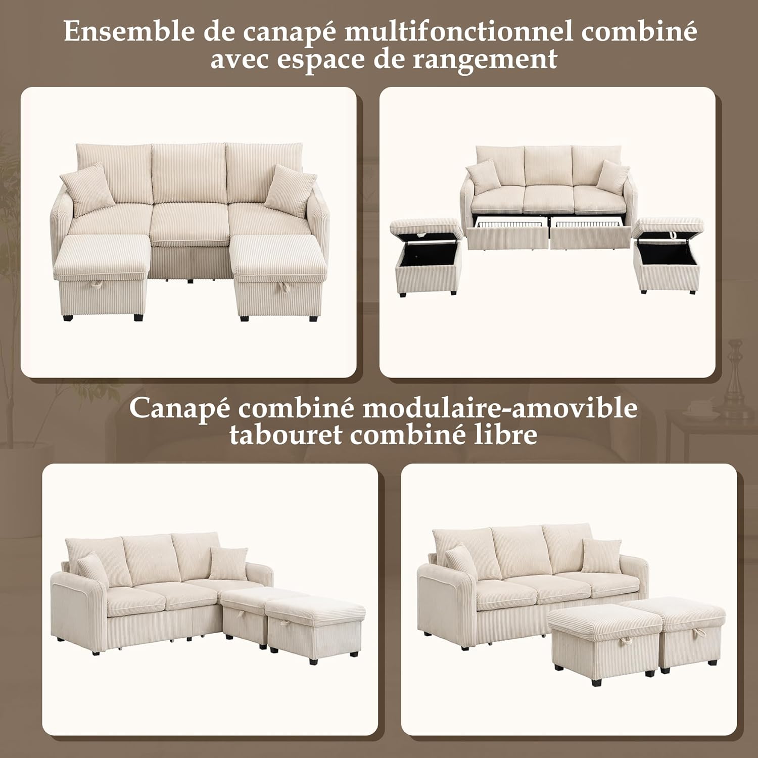 Merax Multifunktionales Ecksofa, 3-Sitzer Polster-Sofa mit Schlaffunktion, mit 2 Staufunktion Hocker, mit 2 Schubladen, modular zerlegbar, Cord-Stoff, für kleine Wohnungen, Beige — Ansicht 6