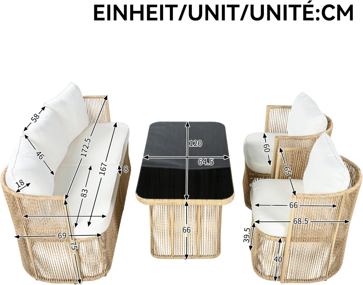 Merax PE Rattan Gartenmöbel Set, mit 3-Sitzer Sofa, 2 Sesseln und Glastisch, Outdoor Lounge Set mit 8 cm Sitzkissen, Stahlrahmen, für Terrasse und Balkon, Beige und Schwarz — Ansicht 2