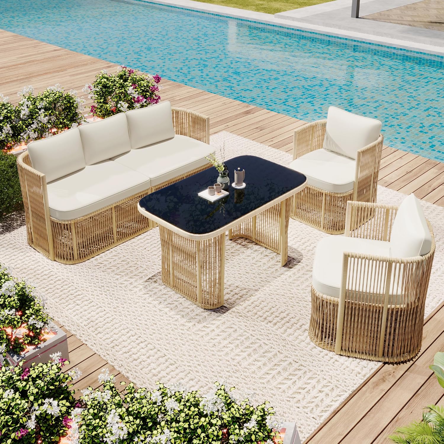Merax PE Rattan Gartenmöbel Set, mit 3-Sitzer Sofa, 2 Sesseln und Glastisch, Outdoor Lounge Set mit 8 cm Sitzkissen, Stahlrahmen, für Terrasse und Balkon, Beige und Schwarz — Ansicht 3