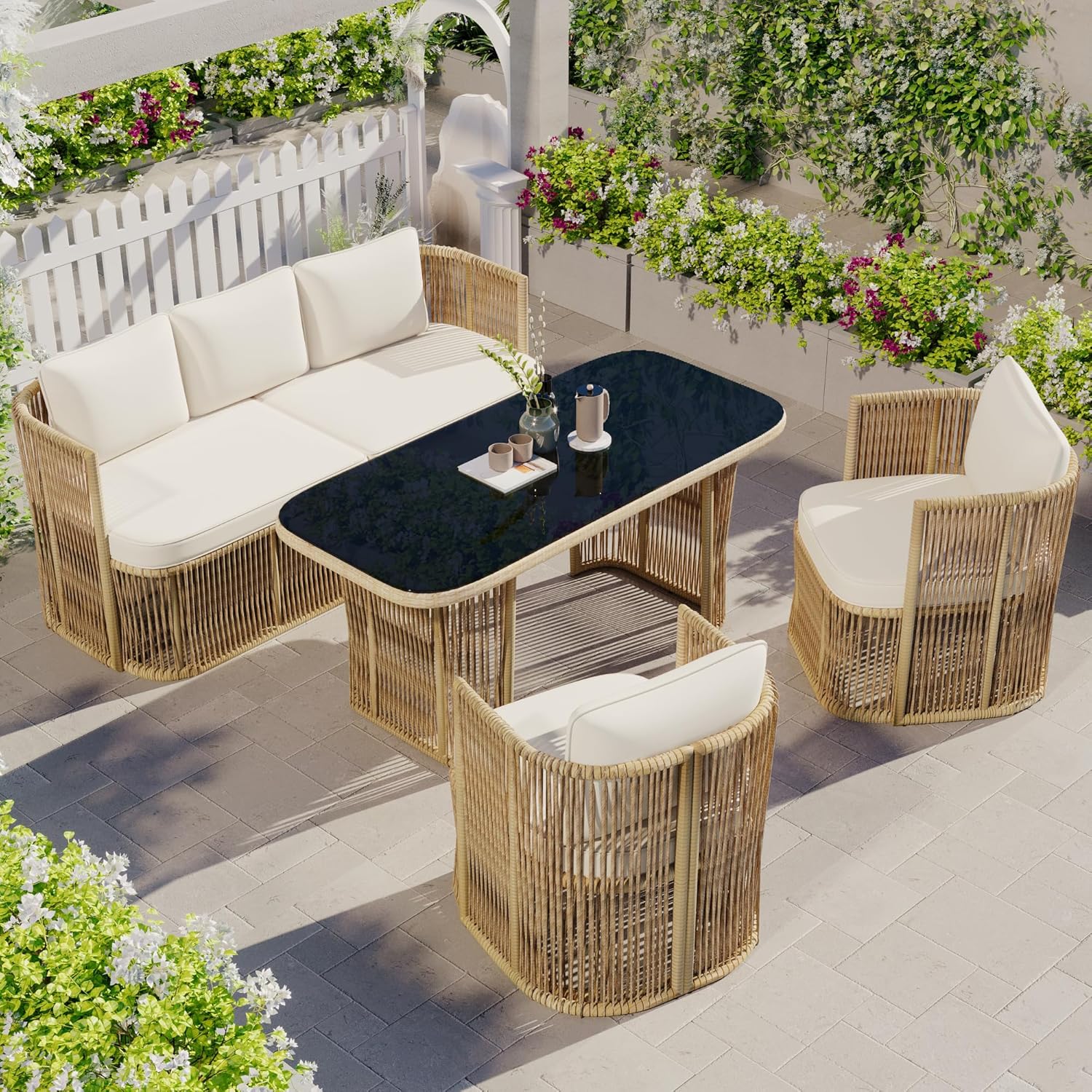 Merax PE Rattan Gartenmöbel Set, mit 3-Sitzer Sofa, 2 Sesseln und Glastisch, Outdoor Lounge Set mit 8 cm Sitzkissen, Stahlrahmen, für Terrasse und Balkon, Beige und Schwarz