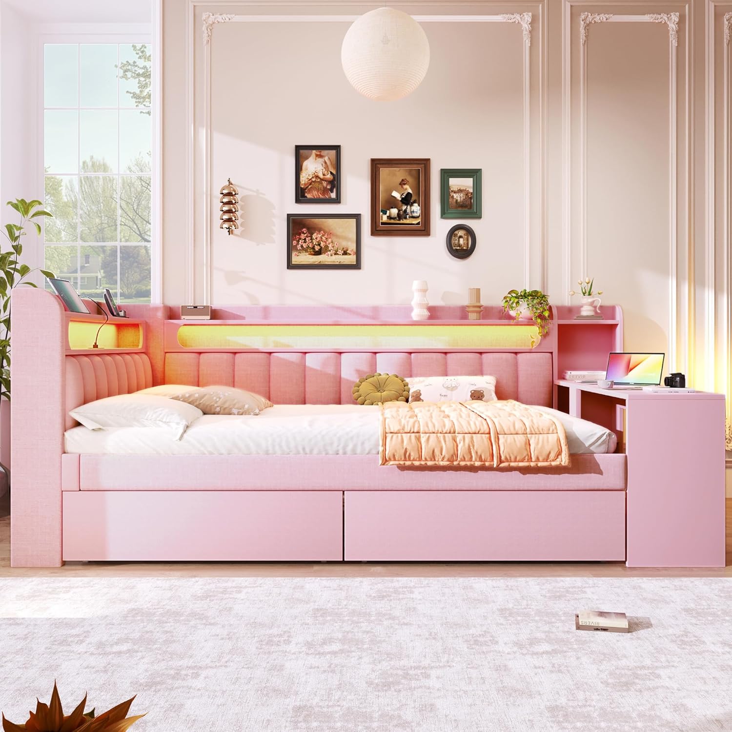 Merax Polsterbett 140x200 cm Daybed mit Schreibtisch, LED-Beleuchtung 7 Farben, USB-Ladeanschluss, 2 Schubladen Stauraum, Tagesbett Bettgestell Holzrahmen mit Lattenrost, Rosa, ohne Matratze — Ansicht 4
