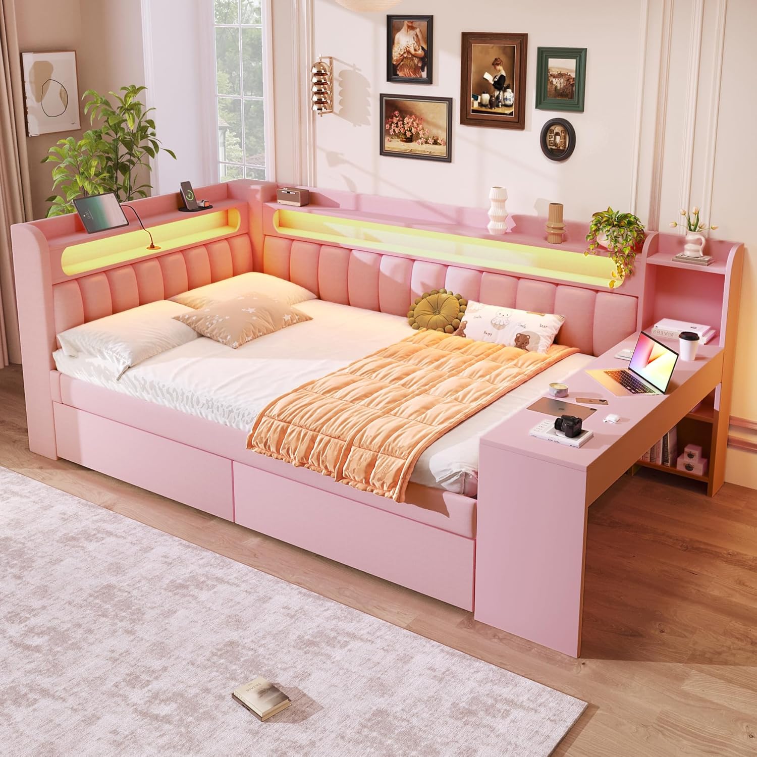 Merax Polsterbett 140x200 cm Daybed mit Schreibtisch, LED-Beleuchtung 7 Farben, USB-Ladeanschluss, 2 Schubladen Stauraum, Tagesbett Bettgestell Holzrahmen mit Lattenrost, Rosa, ohne Matratze — Ansicht 5