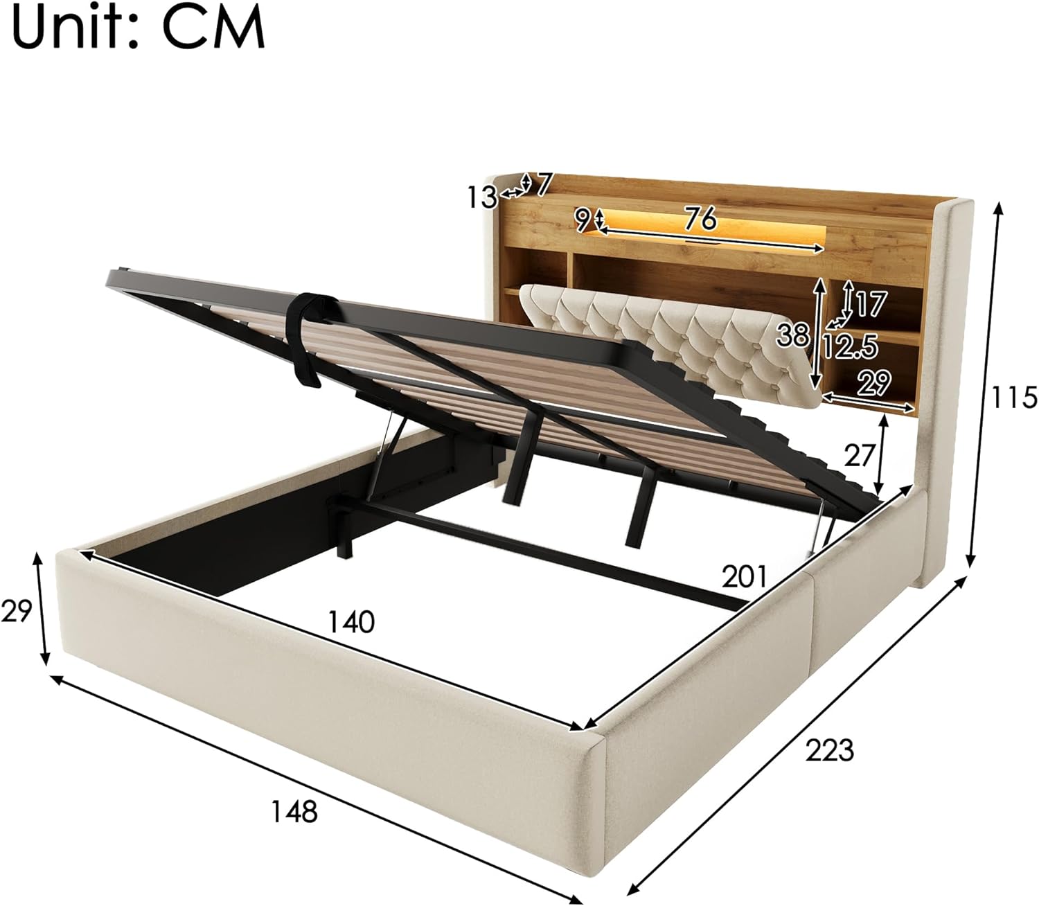Merax Polsterbett 140x200 cm, Hydraulisches Stauraumbett mit LED und Steckdosen, Jugendbett Betten mit Stauraum Kopfteil, Doppelbett mit USB/Type-C, Lattenrost, Leinenstoff, Ohne Matratze, Beige — Ansicht 2