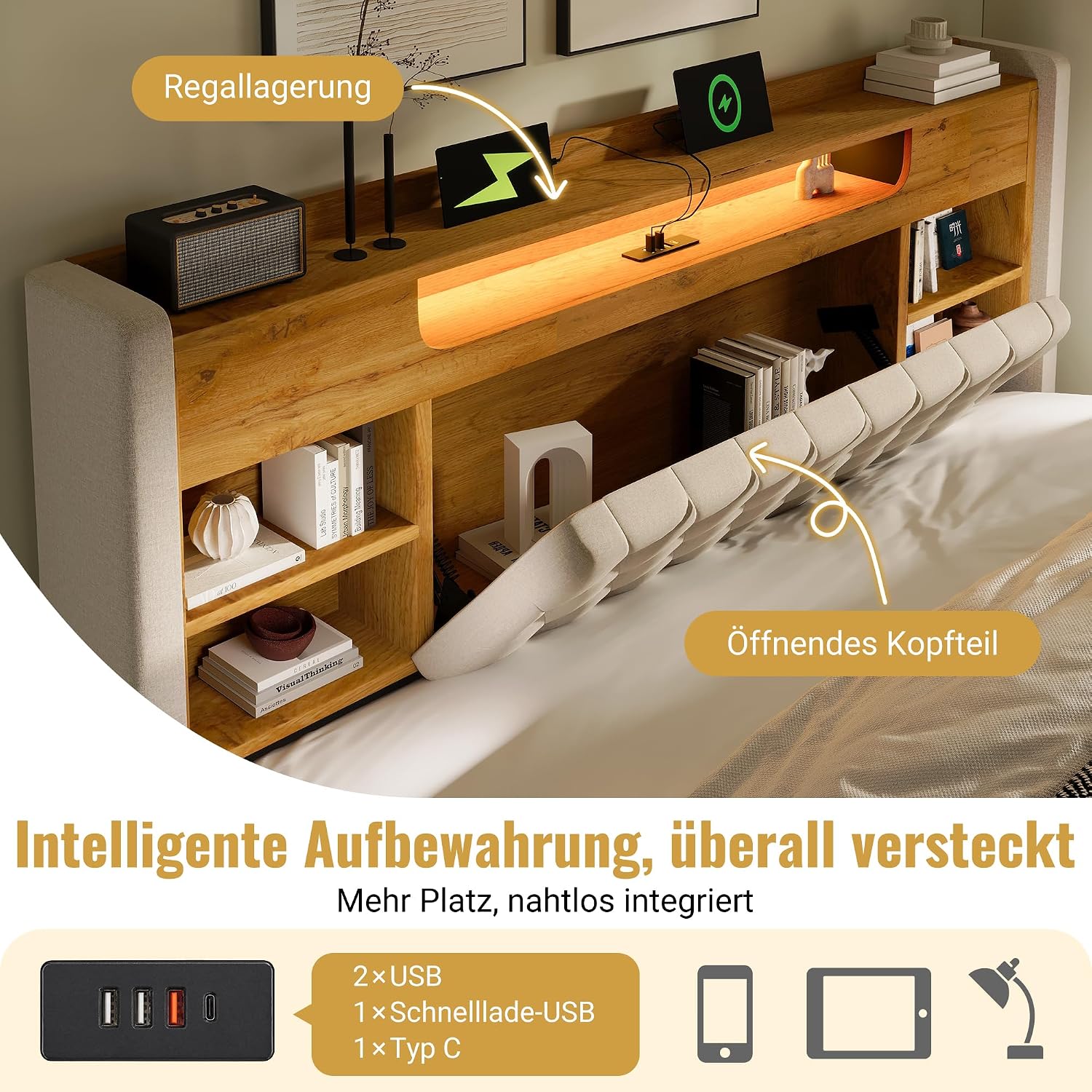 Merax Polsterbett 140x200 cm, Hydraulisches Stauraumbett mit LED und Steckdosen, Jugendbett Betten mit Stauraum Kopfteil, Doppelbett mit USB/Type-C, Lattenrost, Leinenstoff, Ohne Matratze, Beige — Ansicht 4