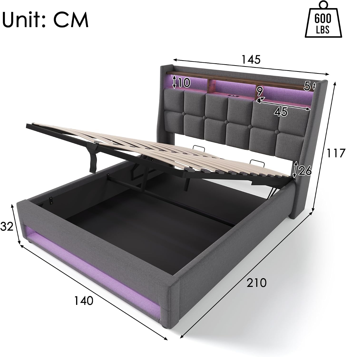 Merax Polsterbett 140x200cm, Doppelbett mit Bettkasten und Lattenrost, Stauraum Kopfteil mit LED & USB Ladefunktion, Hydraulisch Stauraumbett Funktionsbetten, Leinen, Jugendbett, ohne Matratze, Grau — Ansicht 2