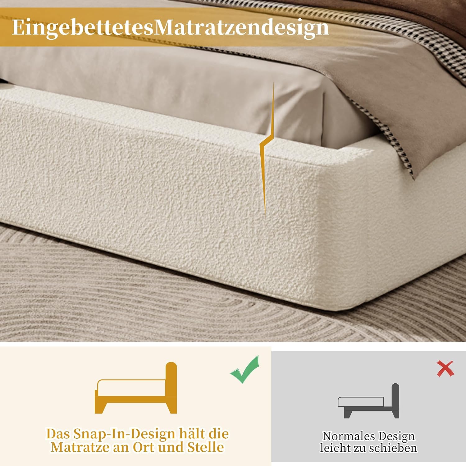 Merax Polsterbett 160x200 cm hydraulisches Stauraumbett mit Lattenrost, Bouclé Doppelbett mit Kopfteil, Bettkasten Funktionsbett, Bettgestell, Beige (Ohne Matratze) — Ansicht 4