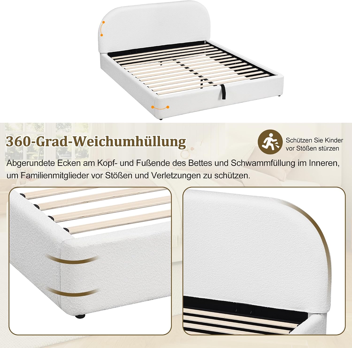 Merax Polsterbett 160x200 cm hydraulisches Stauraumbett mit Lattenrost, Bouclé Doppelbett mit Kopfteil, Bettkasten Funktionsbett, Bettgestell, Beige (Ohne Matratze) — Ansicht 5