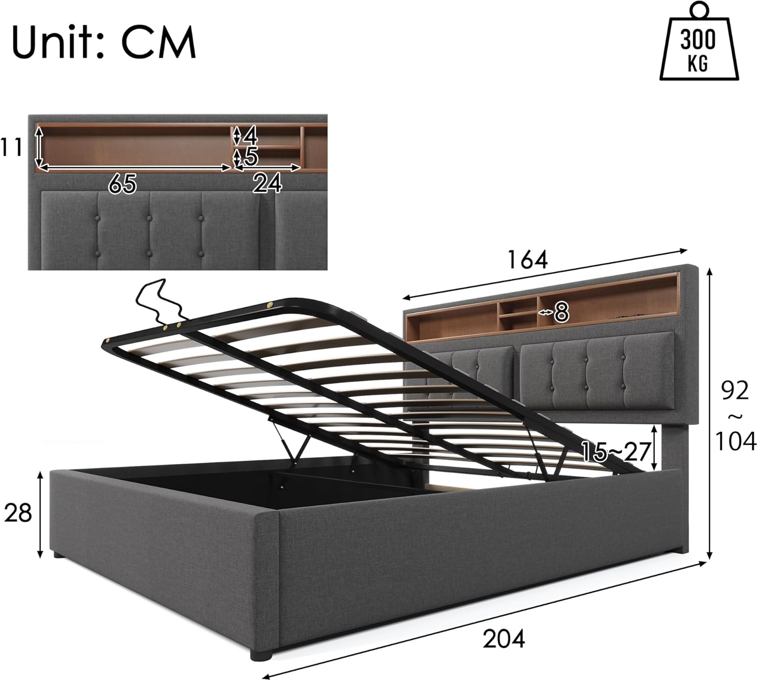 Merax Polsterbett 160x200cm mit USB C Steckdose, Hydraulisches Doppelbett mit Lattenrost & Verstellbares Stauraum Kopfteil, Funktionsbett, Bettgestell mit Bettkasten, Leinen, Ohne Matratze, Grau — Ansicht 2