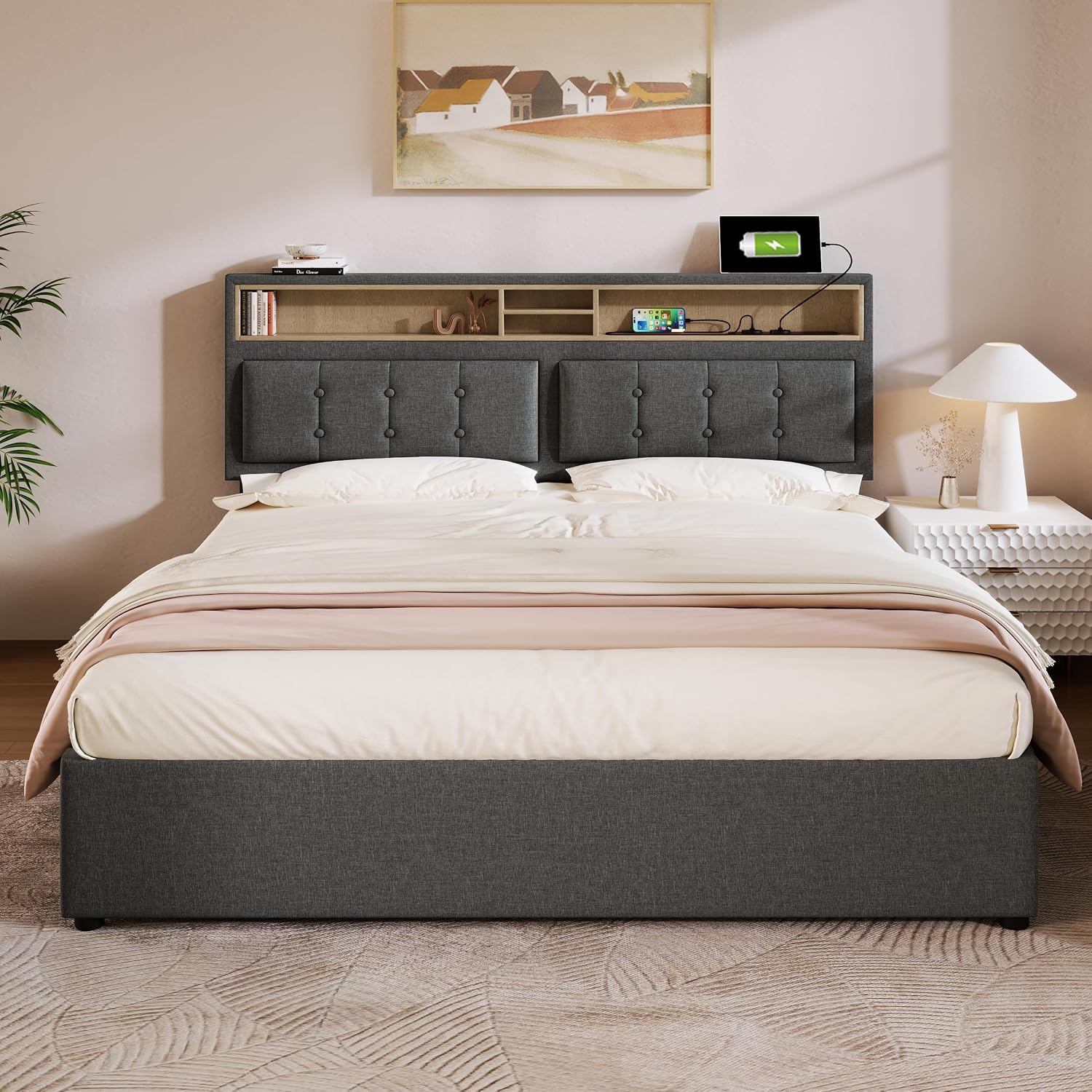 Merax Polsterbett 160x200cm mit USB C Steckdose, Hydraulisches Doppelbett mit Lattenrost & Verstellbares Stauraum Kopfteil, Funktionsbett, Bettgestell mit Bettkasten, Leinen, Ohne Matratze, Grau — Ansicht 4