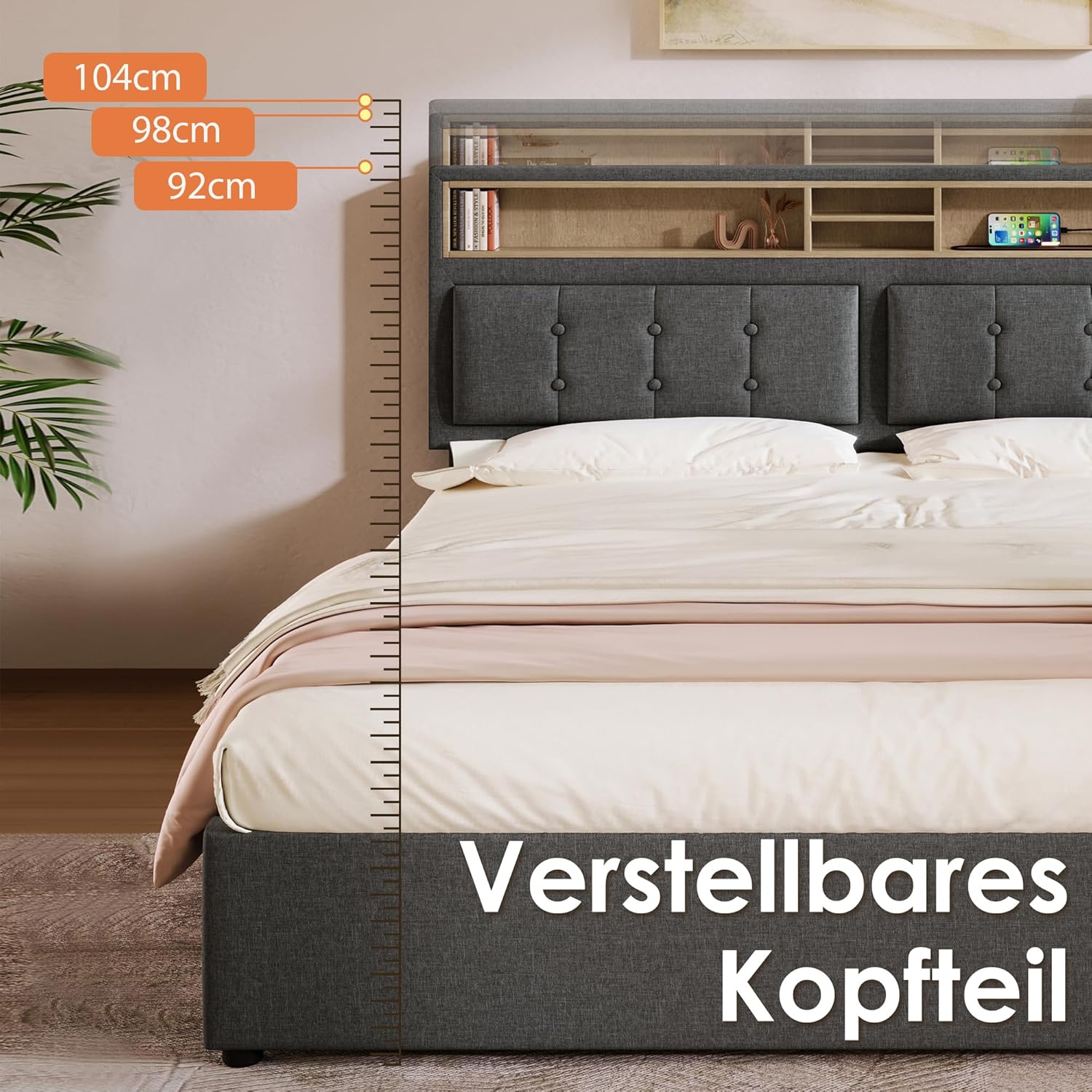 Merax Polsterbett 160x200cm mit USB C Steckdose, Hydraulisches Doppelbett mit Lattenrost & Verstellbares Stauraum Kopfteil, Funktionsbett, Bettgestell mit Bettkasten, Leinen, Ohne Matratze, Grau — Ansicht 6