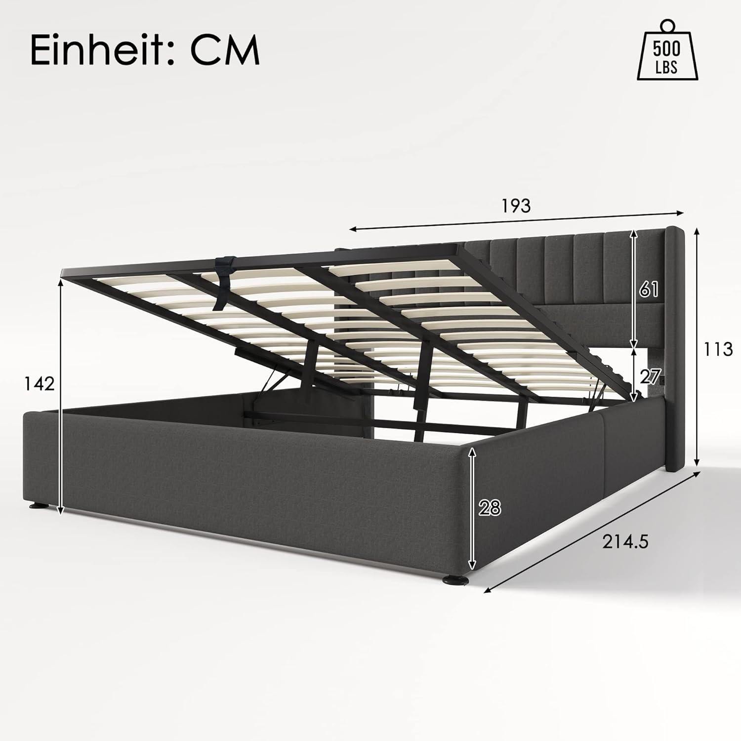 Merax Polsterbett 180 x 200cm, Hydraulisch Doppelbett mit Lattenrost & Bettkasten, Stauraumbett mit Kopfteil, Metallrahmen, Leinen, für Erwachsene & Jugendliche, ohne Matratze, Grau-Streifen — Ansicht 2