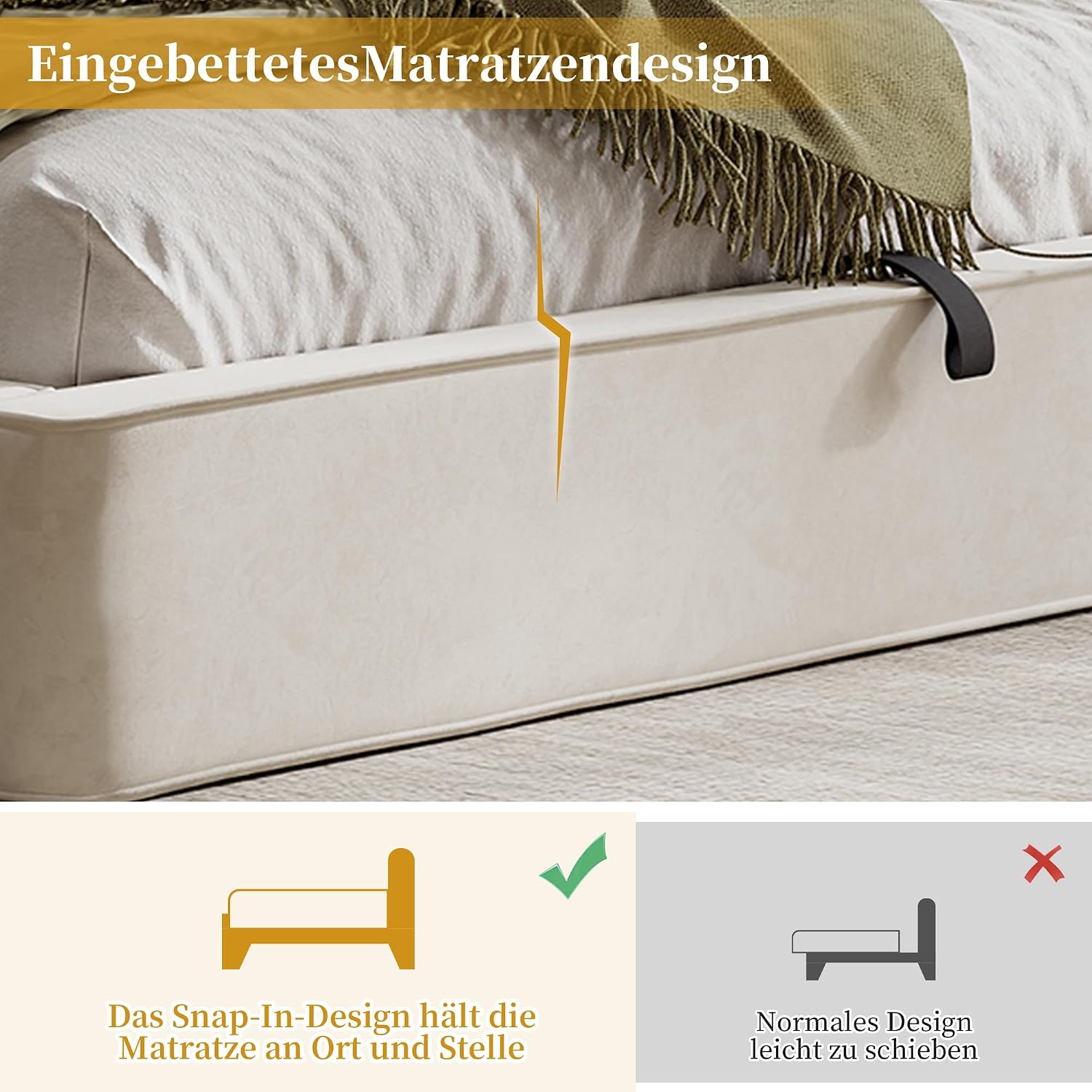 Merax Polsterbett 180x200 cm mit hydraulischem Stauraum, Doppelbett mit Lattenrost und Kopfteil, modernes Funktionsbett mit stabilem Rahmen und elegantem Design, Chenille-Stoff, Beige (ohne Matratze) — Ansicht 5
