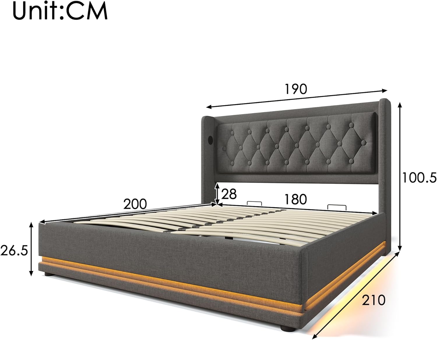 Merax Polsterbett 180x200cm, Doppelbett mit Stauraum und Lattenrost, LED Kopfteil mit USB C Ladefunktion, Hydraulisches Stauraumbett, Modern Funktionsbetten Bettgestell, Grau Baumwolle, Ohne Matratze — Ansicht 2