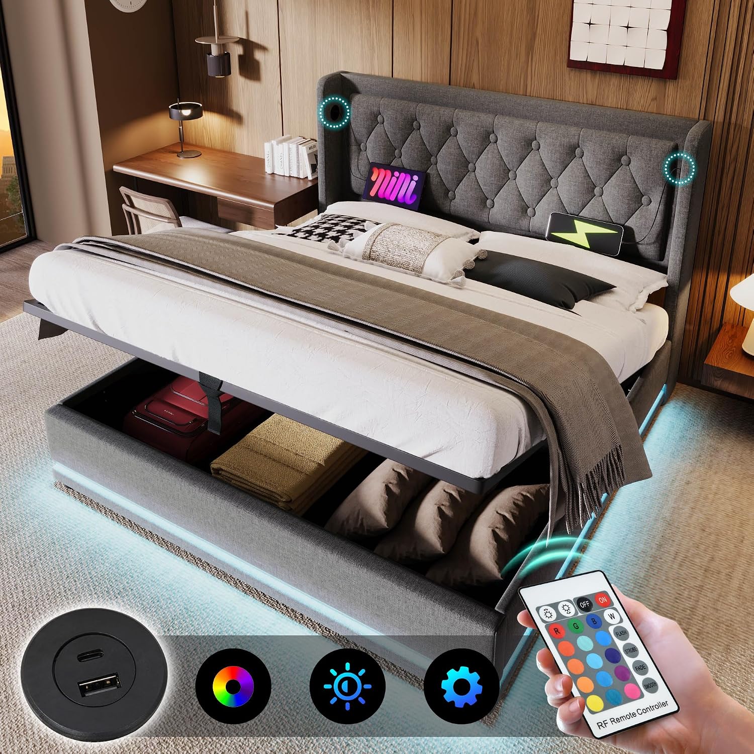 Merax Polsterbett 180x200cm, Doppelbett mit Stauraum und Lattenrost, LED Kopfteil mit USB C Ladefunktion, Hydraulisches Stauraumbett, Modern Funktionsbetten Bettgestell, Grau Baumwolle, Ohne Matratze — Ansicht 4