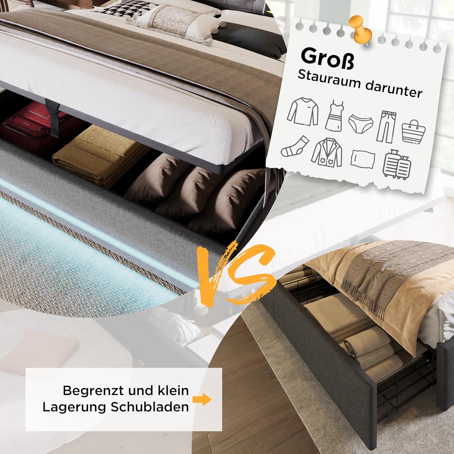 Merax Polsterbett 180x200cm, Doppelbett mit Stauraum und Lattenrost, LED Kopfteil mit USB C Ladefunktion, Hydraulisches Stauraumbett, Modern Funktionsbetten Bettgestell, Grau Baumwolle, Ohne Matratze — Ansicht 6