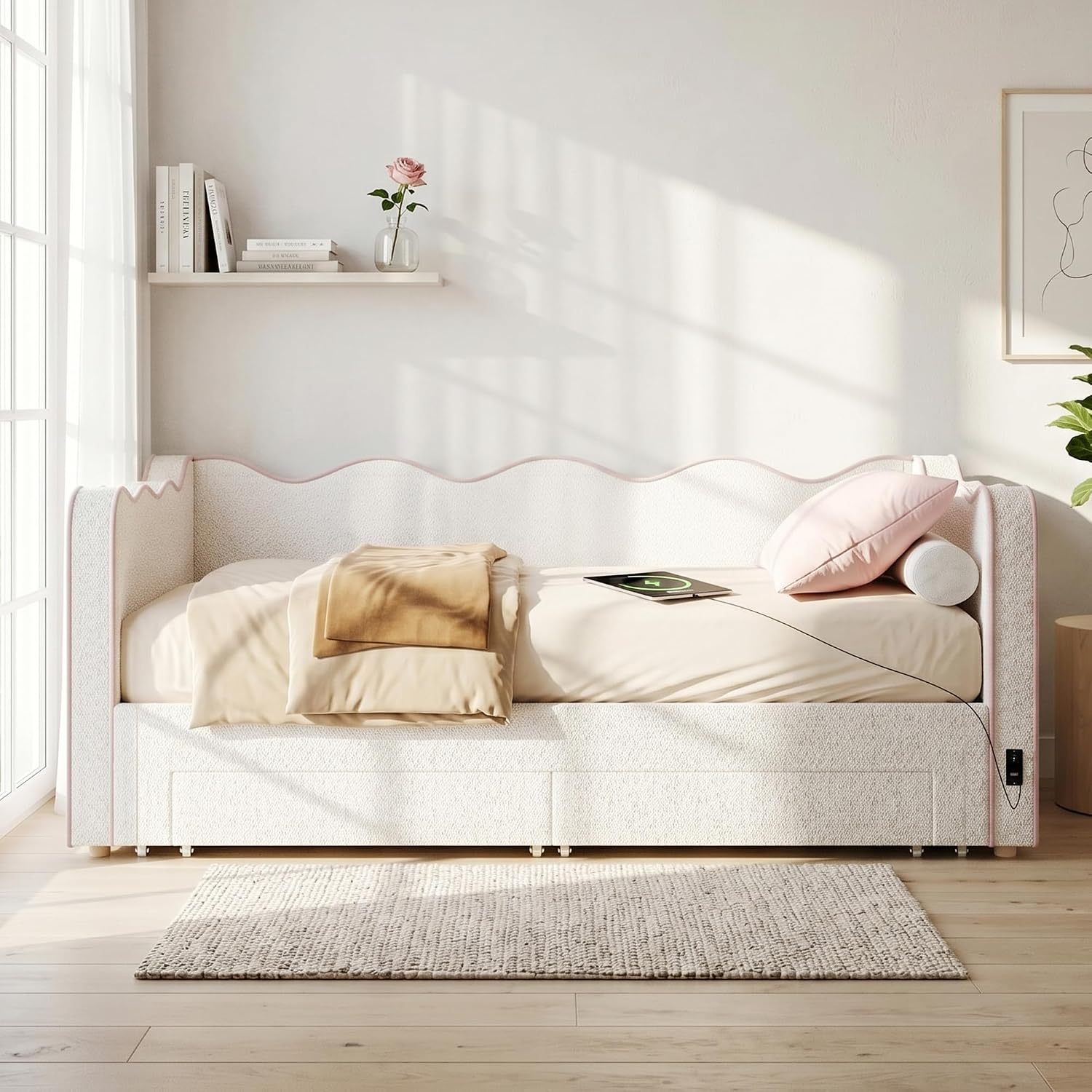 Merax Polsterbett Daybett 90x200 cm, ausziehbar auf 180 cm, mit 2 Schubladen, USB – Bouclé, beige (Ohne Matratze) — Ansicht 5