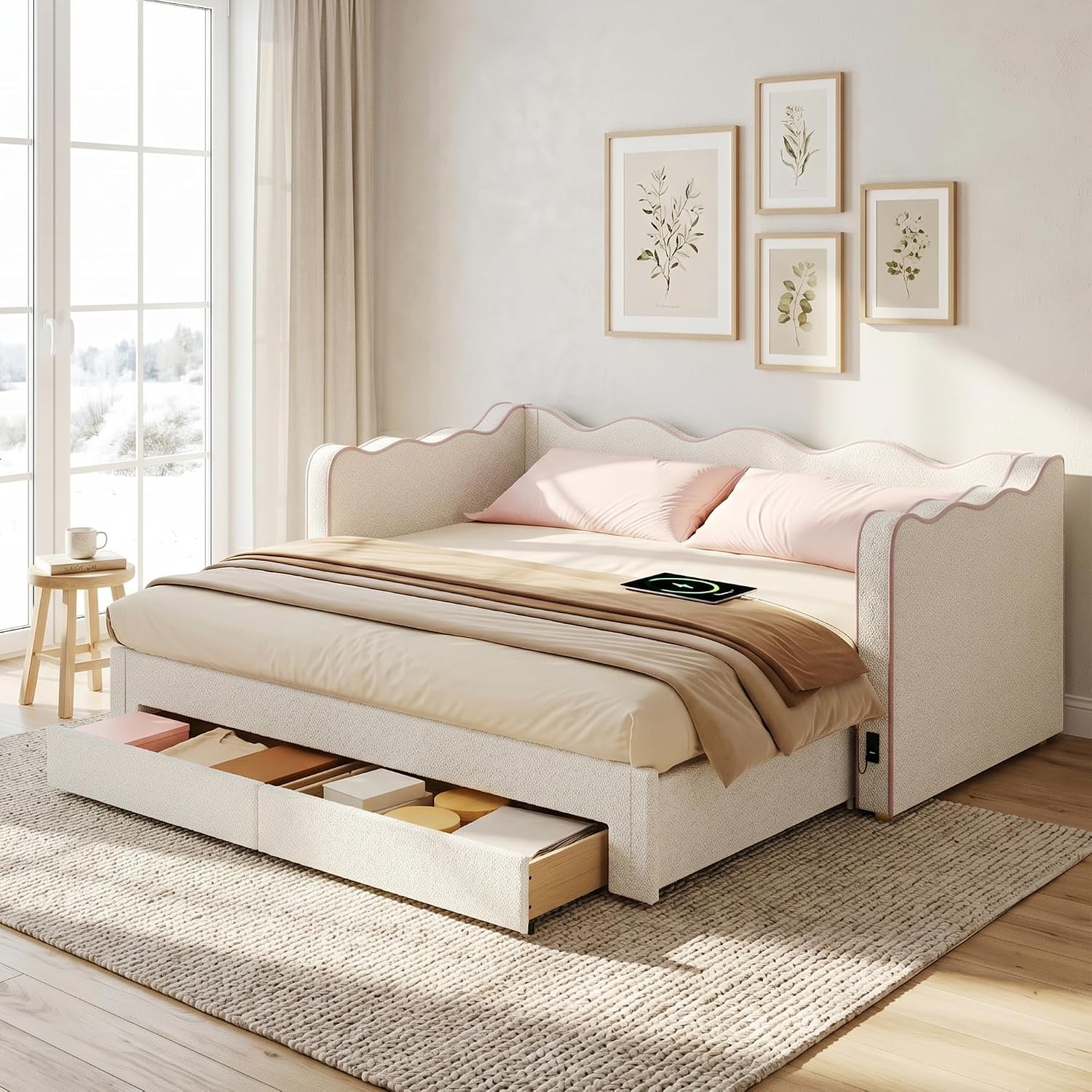 Merax Polsterbett Daybett 90x200 cm, ausziehbar auf 180 cm, mit 2 Schubladen, USB – Bouclé, beige (Ohne Matratze)