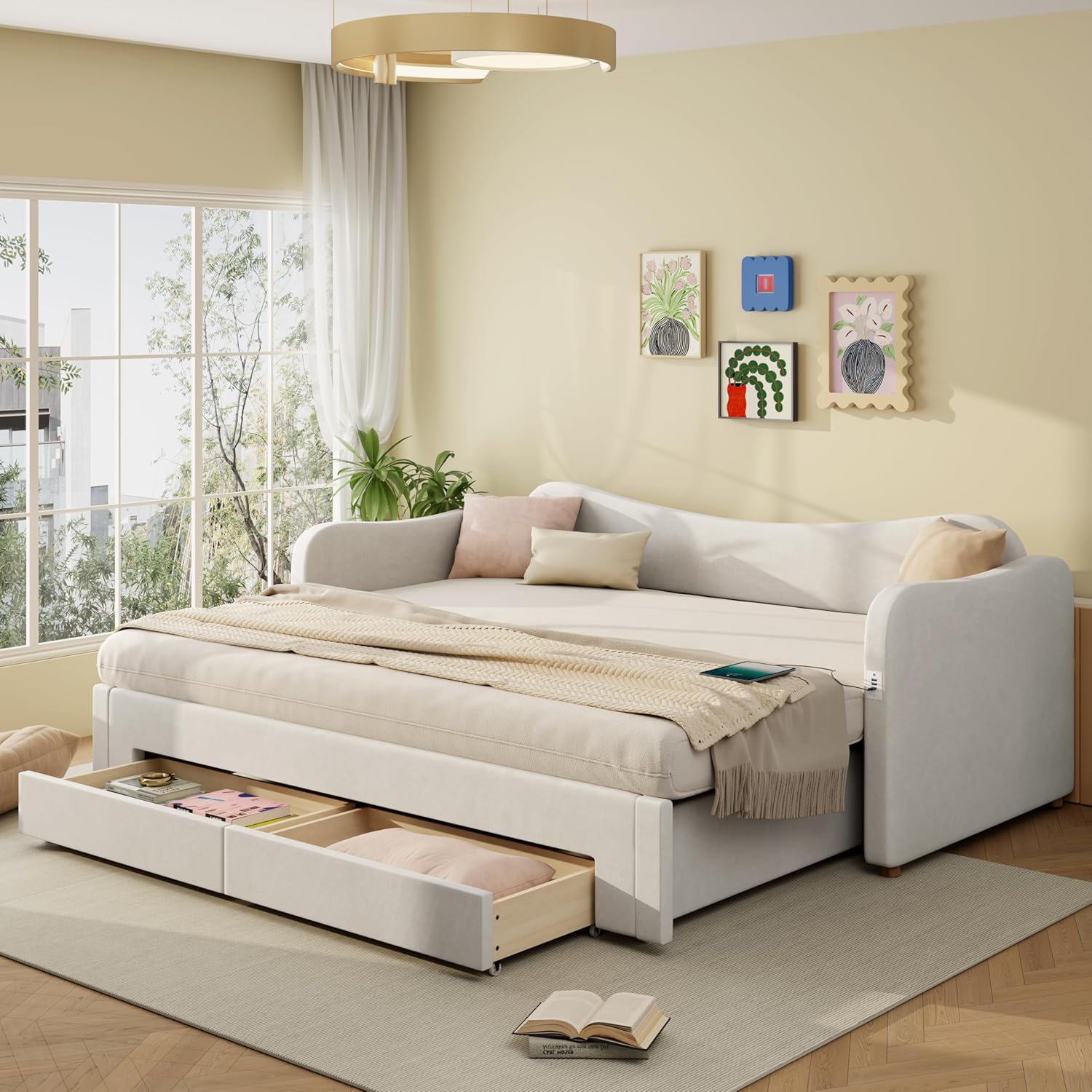 Merax Polsterbett Daybett 90x200 cm ausziehbar auf 180 cm, Tagesbett mit 2 Schubladen & USB-C Ladestation, Schlafsofa, platzsparendes Sofabett mit Tagbett-Funktion, Samt, Beige (ohne Matratze)