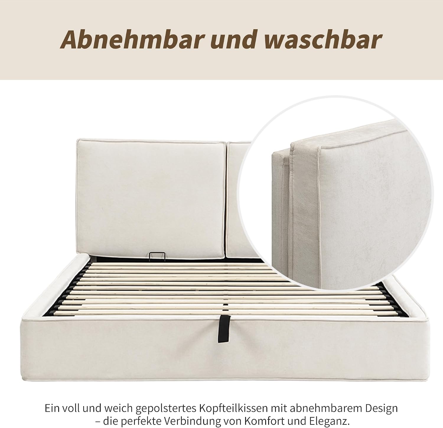 Merax Polsterbett Doppelbett 160x200 cm, mit hydraulischem Stauraum & Lattenrost, Chenille-Stoff, 13 cm Dickes gepolstertes Kopfteil (105 cm hoch), eingebaute Struktur, Beige (Ohne Matratze) — Ansicht 4