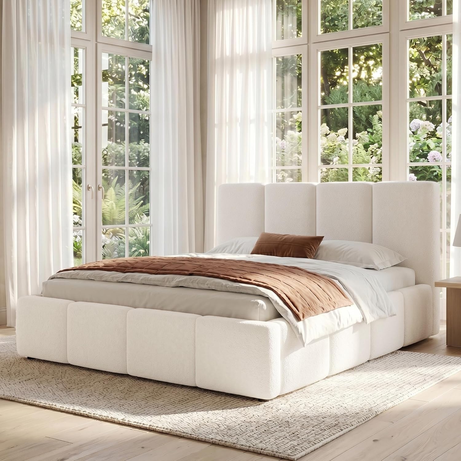 Merax Polsterbett Doppelbett 160x200 cm mit Lattenrost & gepolstertem Kopfteil, Bouclé-Stoff in Beige, 11 cm Dickes Kopfteil, eingebettete Struktur (ohne Matratze)