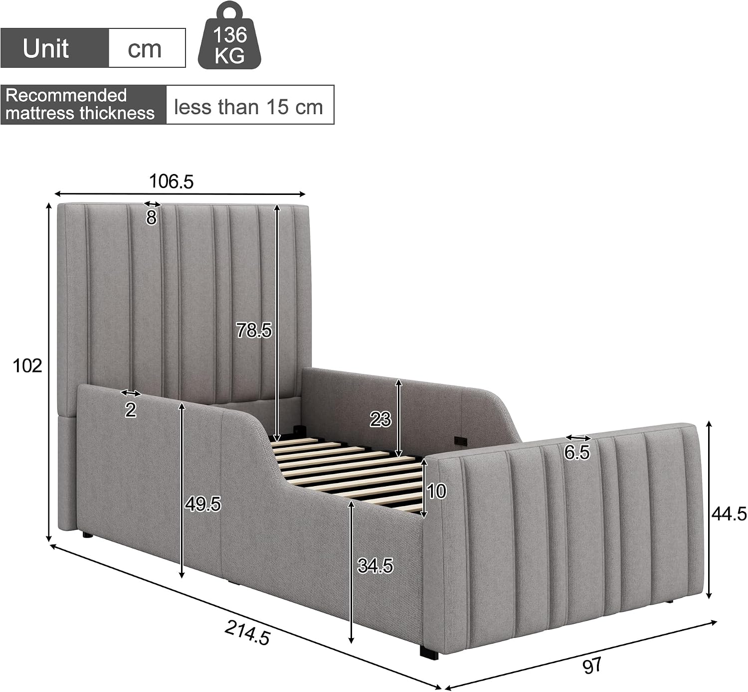 Merax Polsterbett Einzelbett 90x200 cm mit hydraulischem Stauraum, Leinen, gepolstertem Kopfteil – Grau (Ohne Matratze) — Ansicht 2
