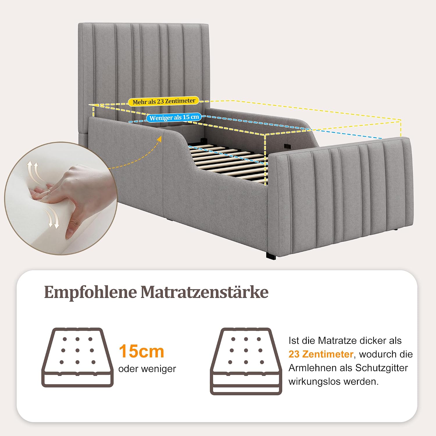 Merax Polsterbett Einzelbett 90x200 cm mit hydraulischem Stauraum, Leinen, gepolstertem Kopfteil – Grau (Ohne Matratze) — Ansicht 4