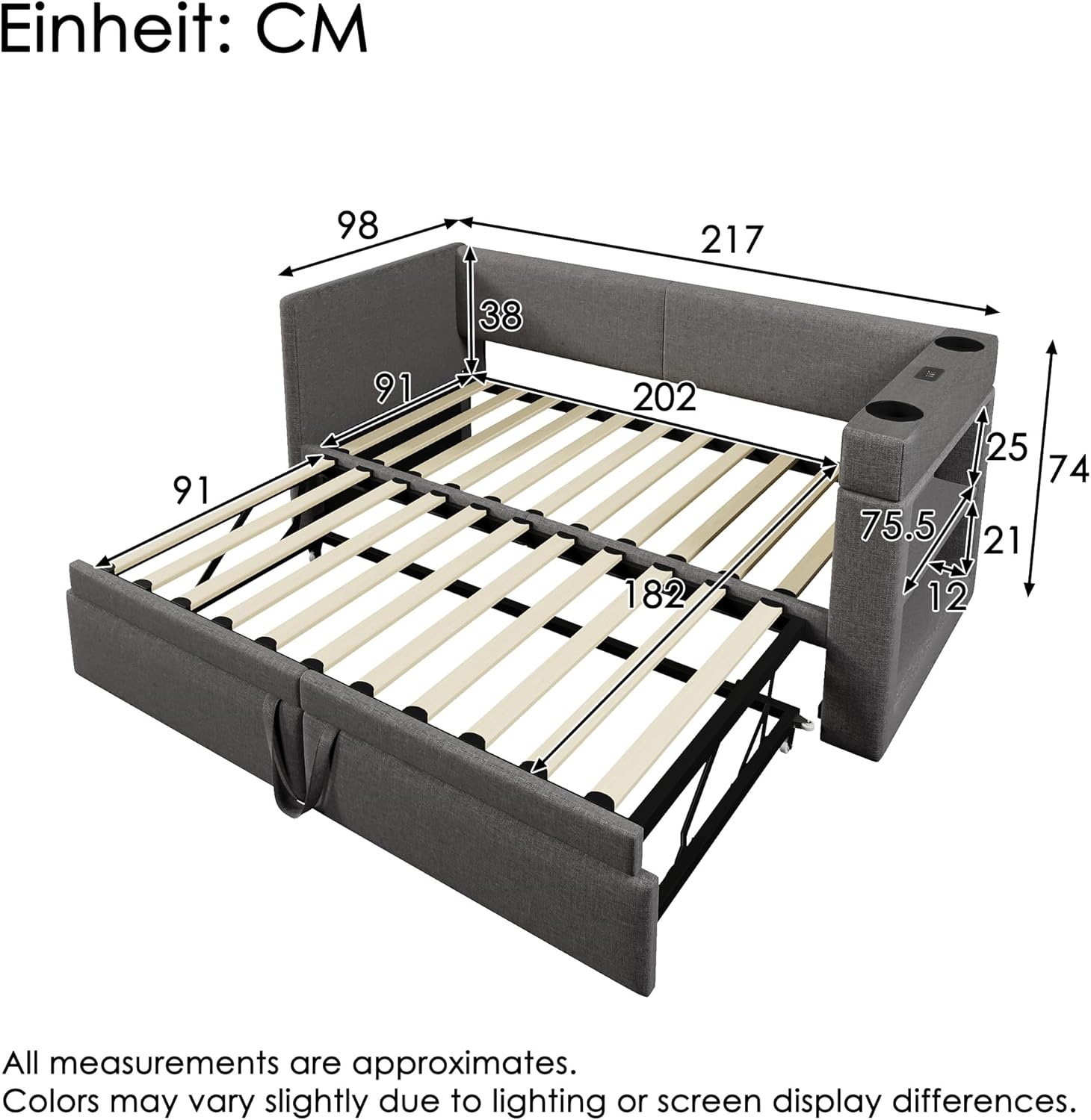 Merax Polsterbett Schlafsofa 90x200cm, Sofabett Einzelbett mit Ausziehbett, Tagesbett für Schlafzimmer Wohnzimmer, Armlehnen mit Ladefunktion & Getränkehalter, Leinen-Mischgewebe, ohne Matratze, Grau — Ansicht 2