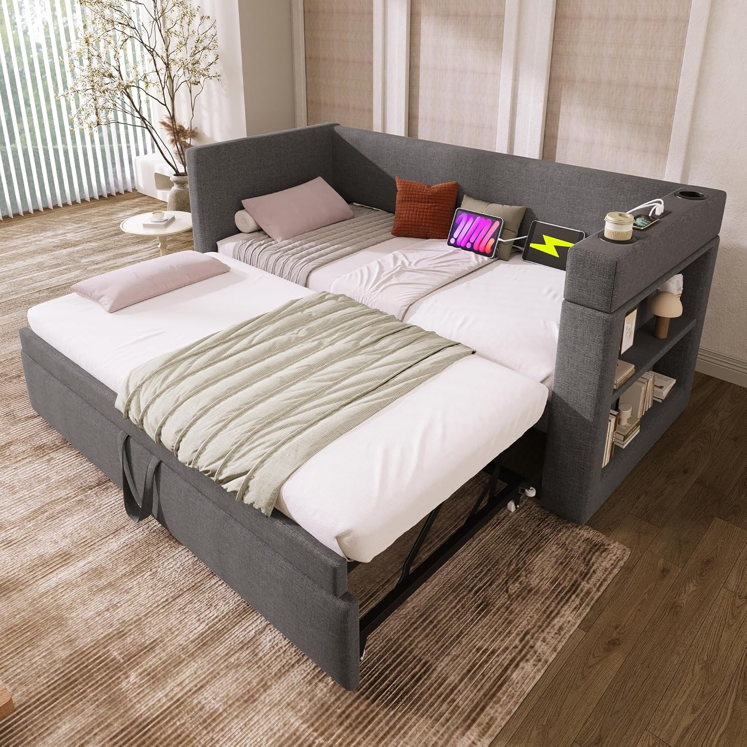 Merax Polsterbett Schlafsofa 90x200cm, Sofabett Einzelbett mit Ausziehbett, Tagesbett für Schlafzimmer Wohnzimmer, Armlehnen mit Ladefunktion & Getränkehalter, Leinen-Mischgewebe, ohne Matratze, Grau