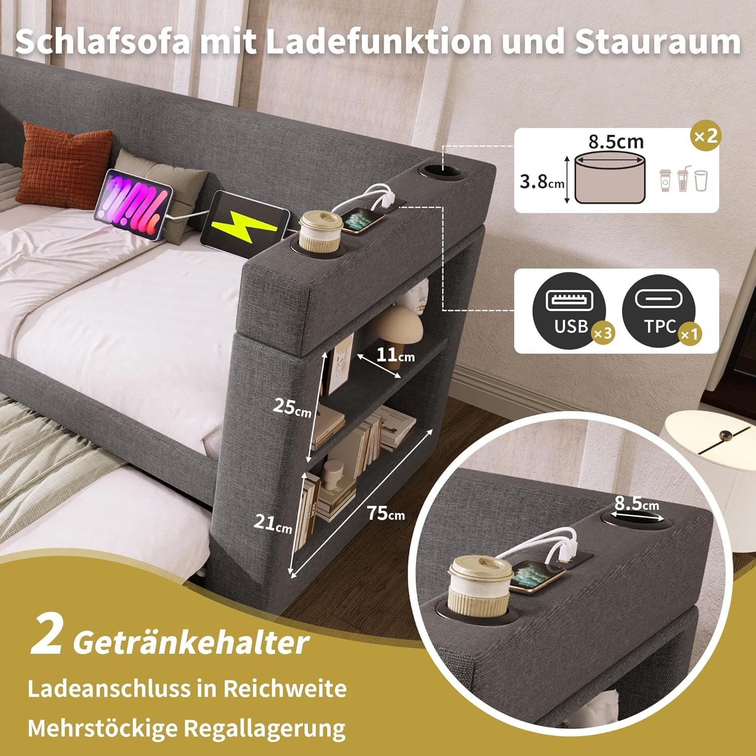 Merax Polsterbett Schlafsofa 90x200cm, Sofabett Einzelbett mit Ausziehbett, Tagesbett für Schlafzimmer Wohnzimmer, Armlehnen mit Ladefunktion & Getränkehalter, Leinen-Mischgewebe, ohne Matratze, Grau — Ansicht 4