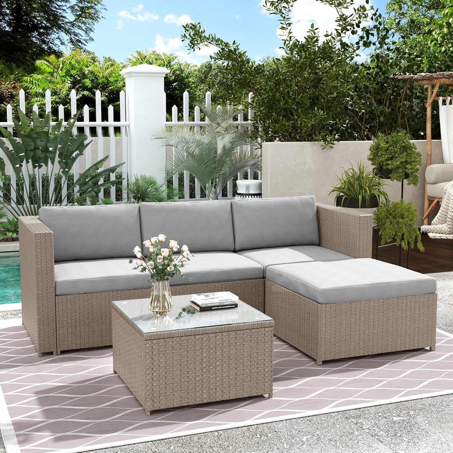 Merax Polyrattan Lounge, Gartenmöbel Set Balkonmöbel für 3-4 Personen, Gartenlounge, Sitzgruppe Outdoor mit Kissen und Glastisch, Terrassenmöbel, Ecksofa, für Garten Balkon und Terrasse, Khaki