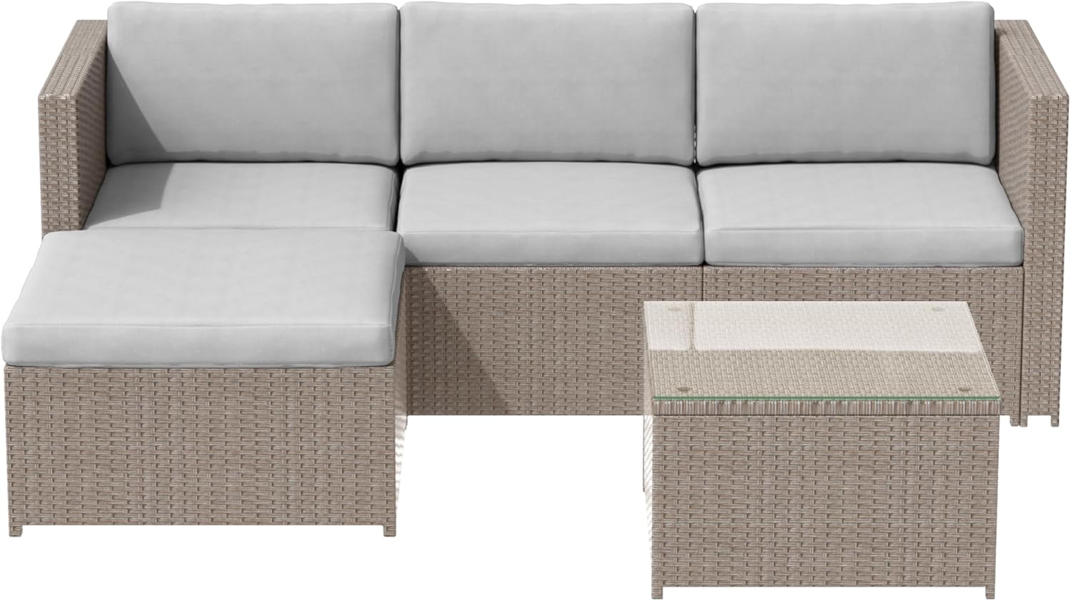 Merax Polyrattan Lounge, Gartenmöbel Set Balkonmöbel für 3-4 Personen, Gartenlounge, Sitzgruppe Outdoor mit Kissen und Glastisch, Terrassenmöbel, Ecksofa, für Garten Balkon und Terrasse, Khaki — Ansicht 3