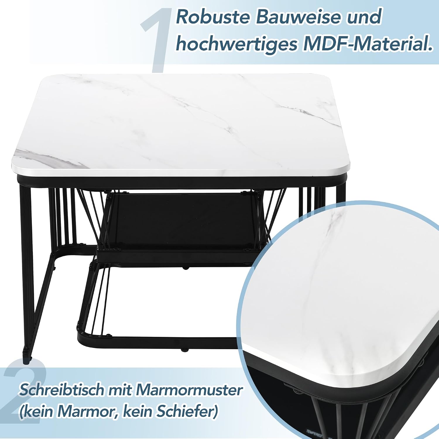 Merax Quadratisch Couchtisch 2er Set, 65cm und 45cm, Moderne Wohnzimmertisch mit Marmoroptik, Hochglänzend Satztisch mit Stauraum, für Wohnzimmer, Balkon und Büro, Metallgestell, Weiß und Schwarz — Ansicht 3